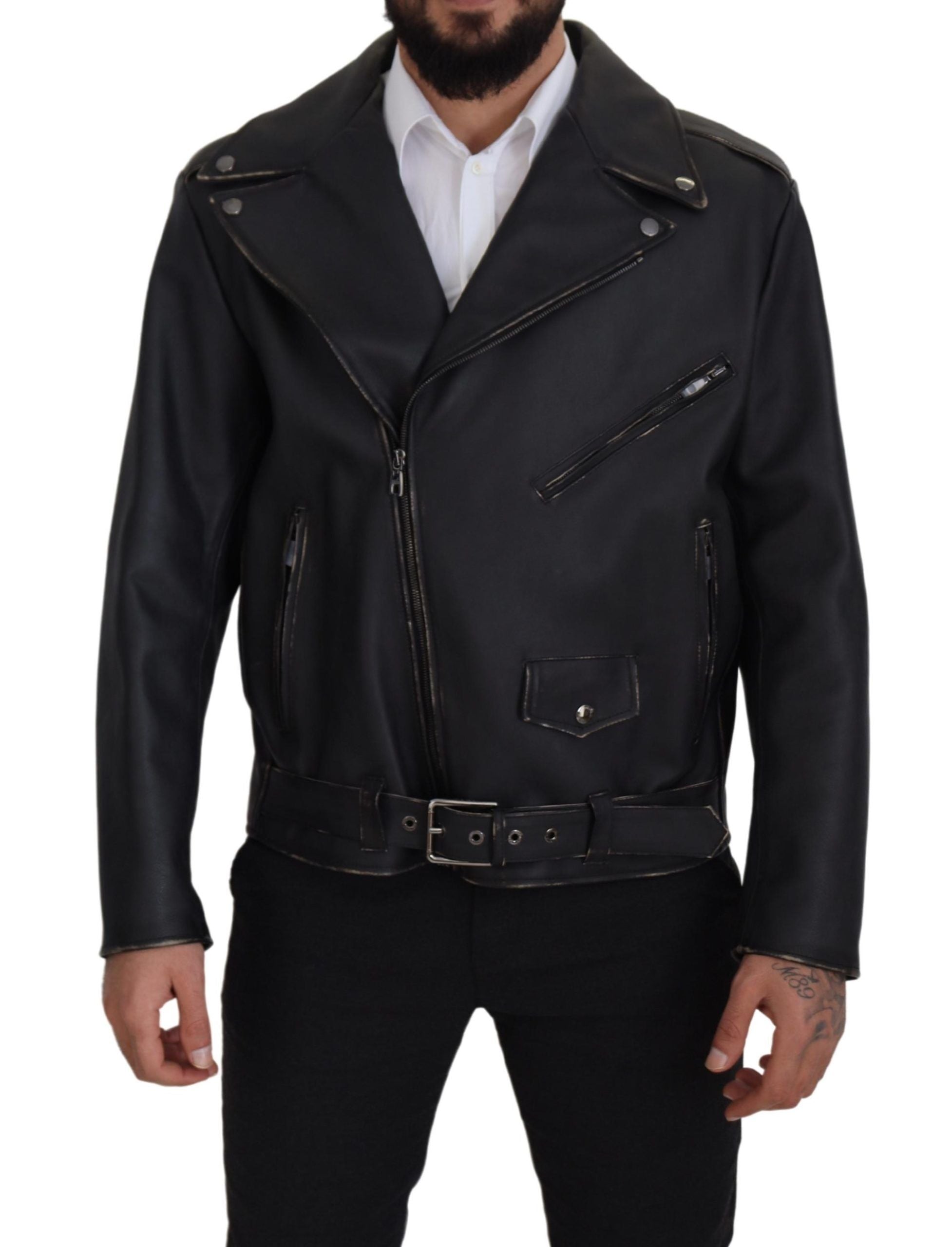 Dolce &amp; Gabbana Veste de motard élégante en cuir noir