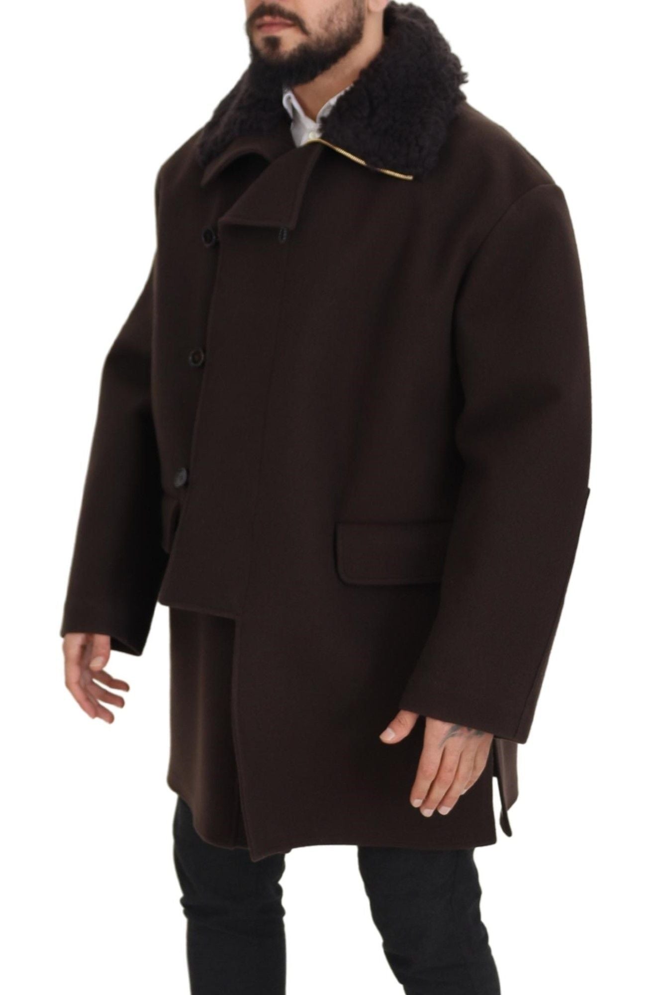 Dolce & Gabbana Elegant Dark Brown Shearling Coat Jacket