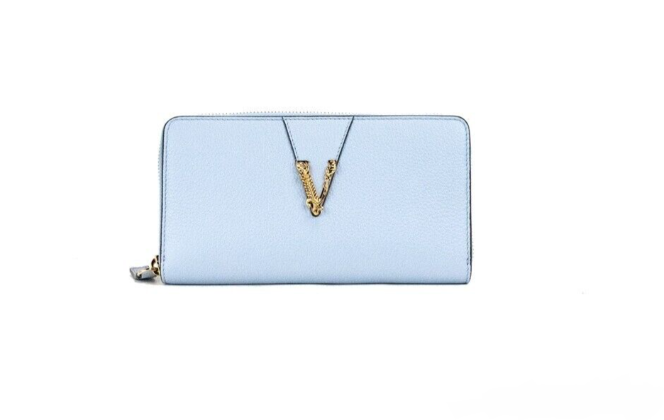 Versace Grand portefeuille à pochette zippée en cuir grainé bleuets avec monogramme doré