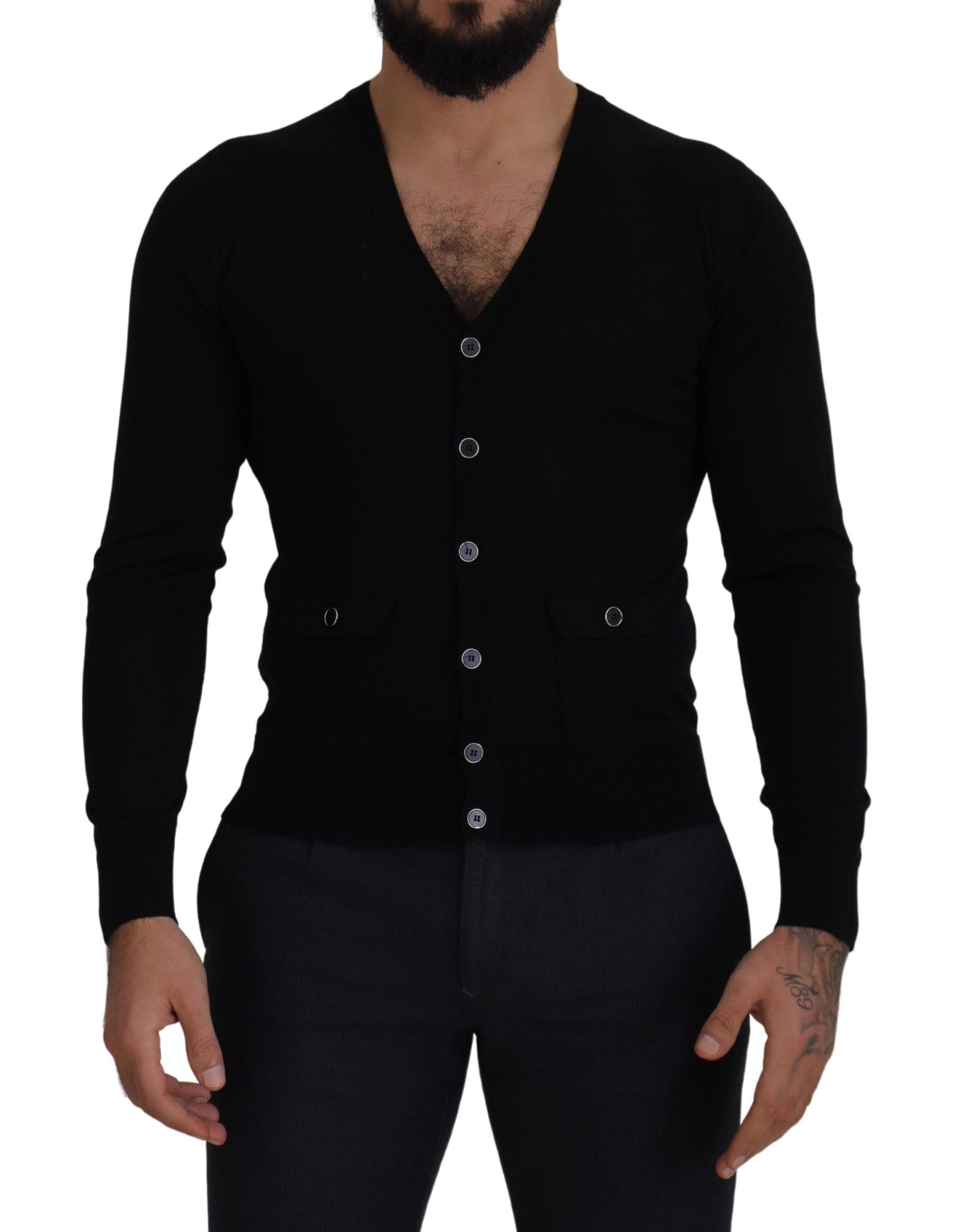 Dolce &amp; Gabbana Cardigan noir boutonné en laine élégante