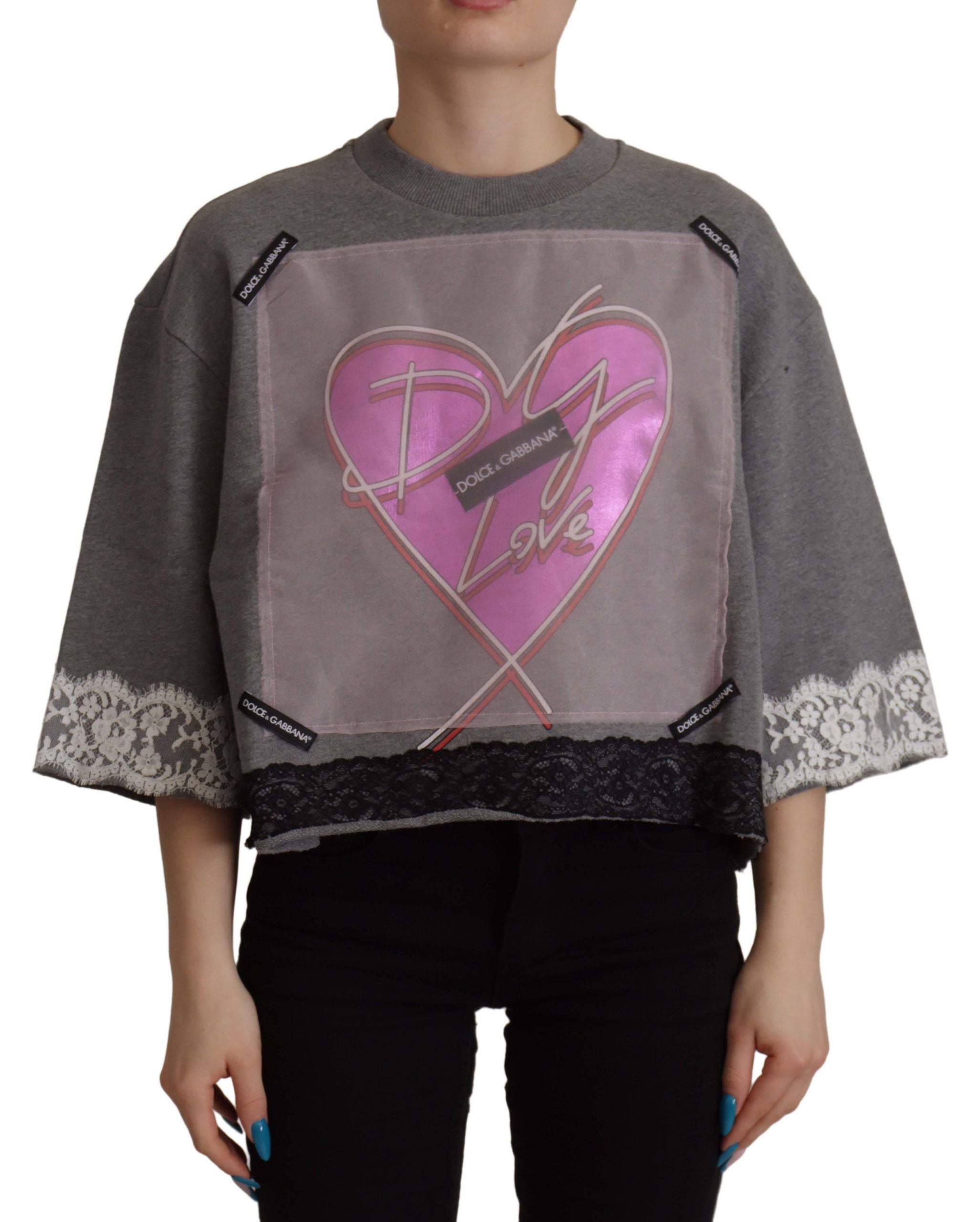 Dolce &amp; Gabbana Chic T-shirt coeur en coton gris avec manches cloche