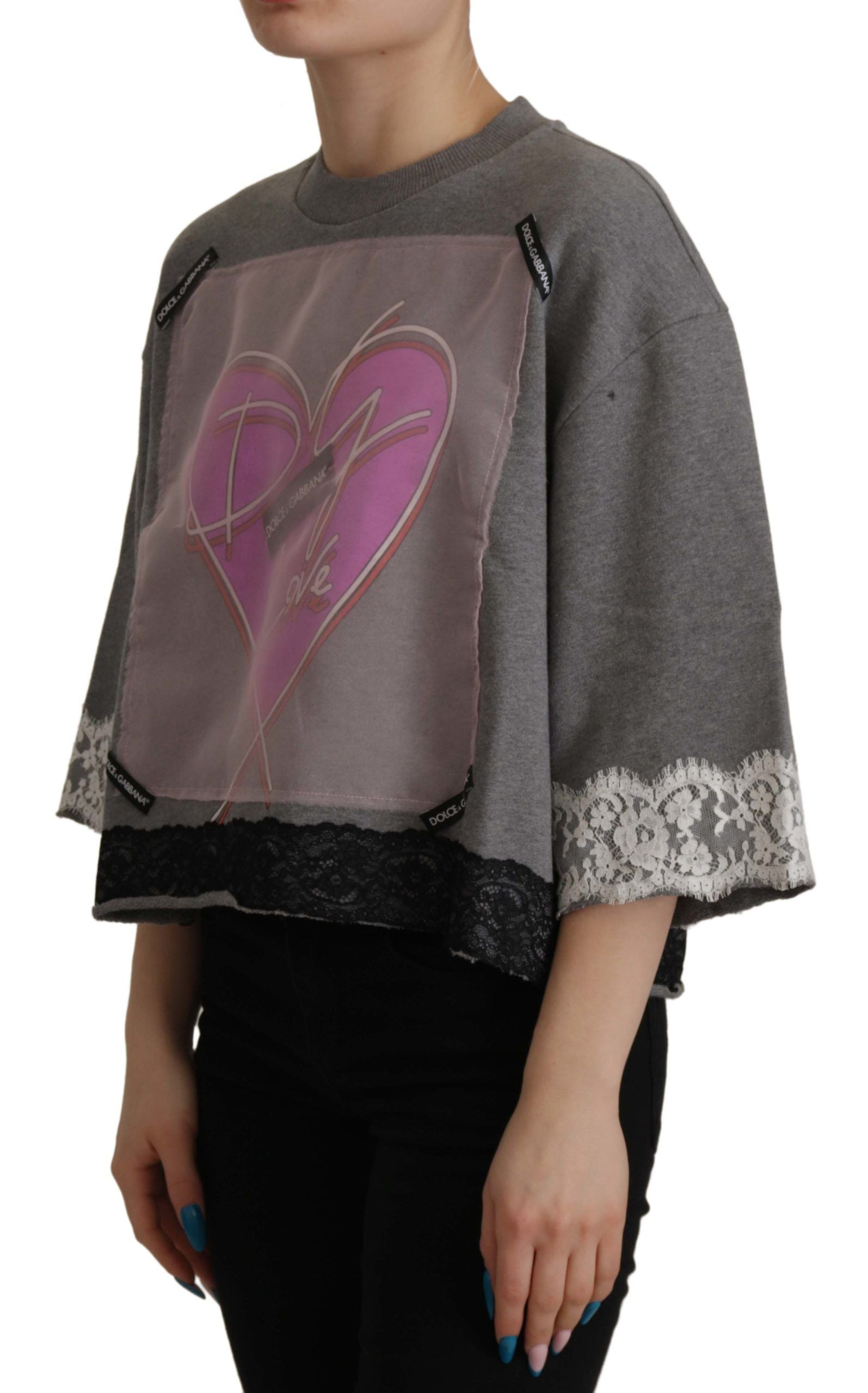 Dolce &amp; Gabbana Chic T-shirt coeur en coton gris avec manches cloche