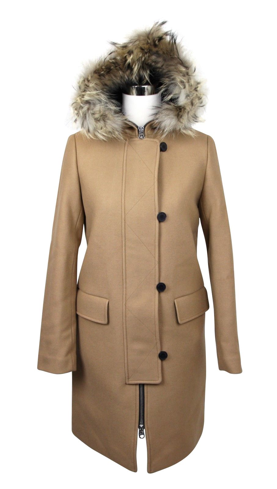 Sandro Manteau en laine Kurt camel pour femme avec capuche et bordure en fourrure