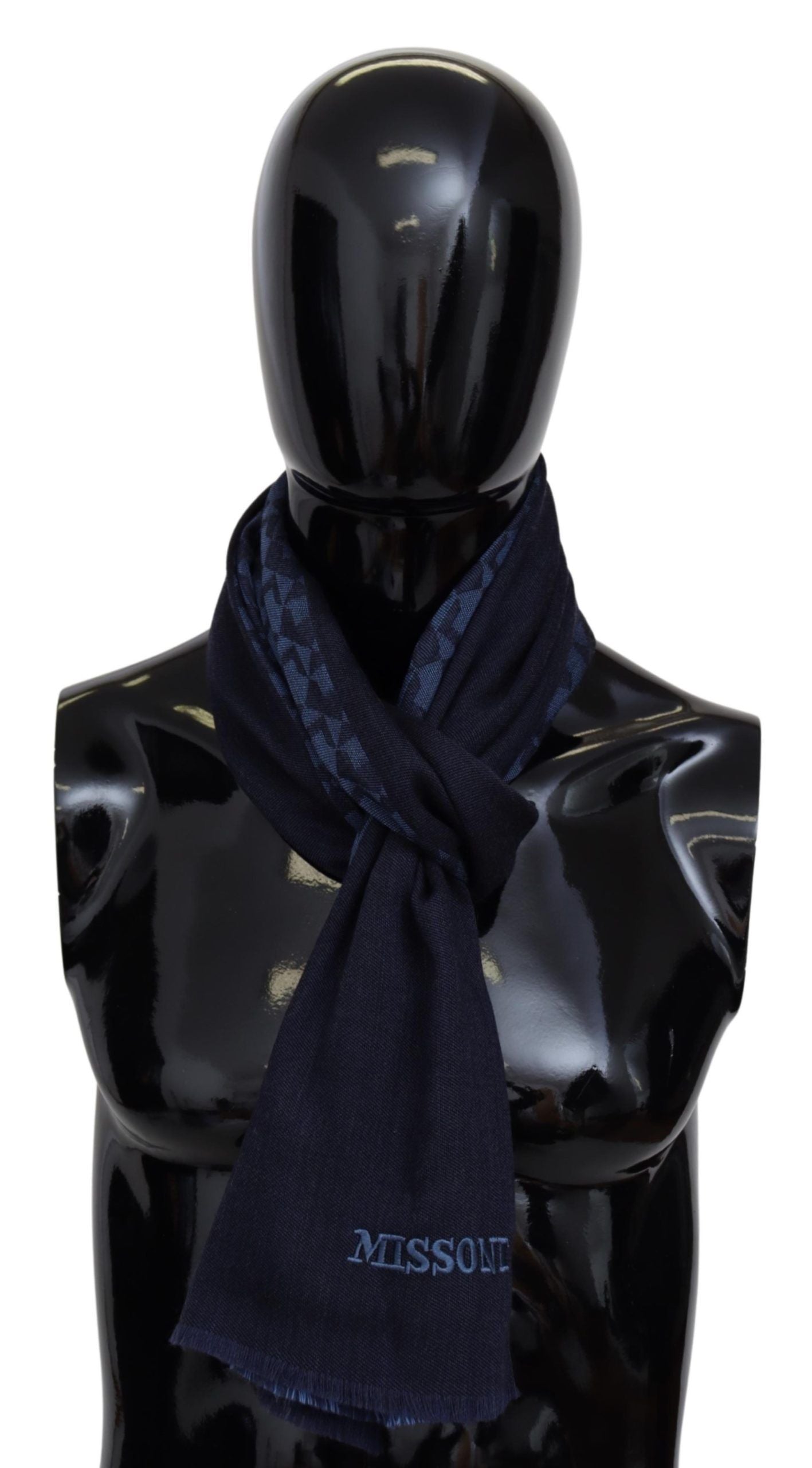 Missoni Navy Wool Knit Unisex Neck Wrap Fringe Châle Écharpe pour hommes