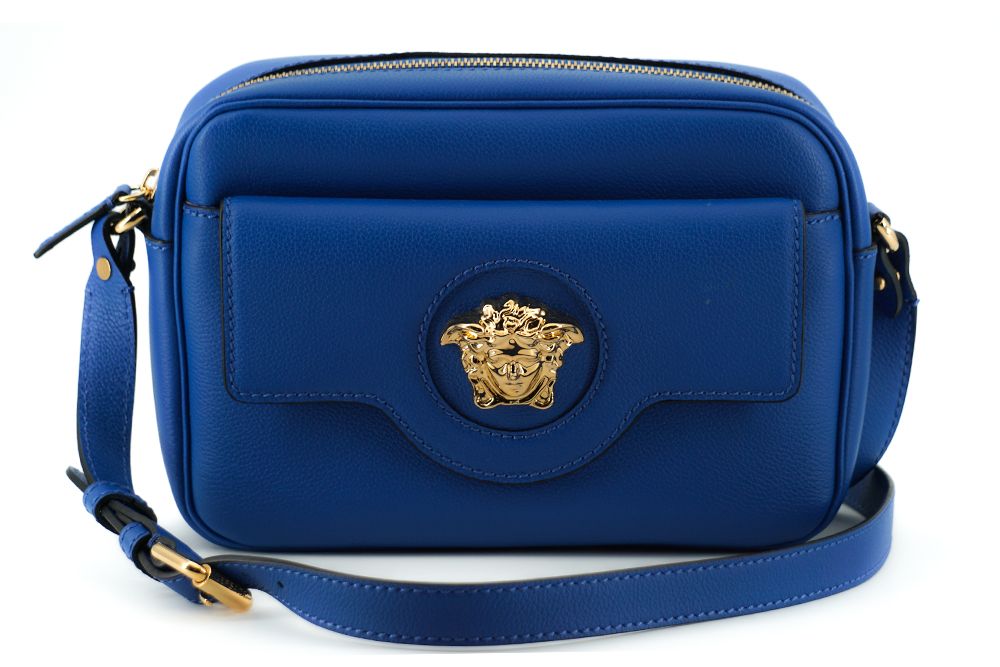 Versace Sac élégant en cuir de veau bleu pour appareil photo