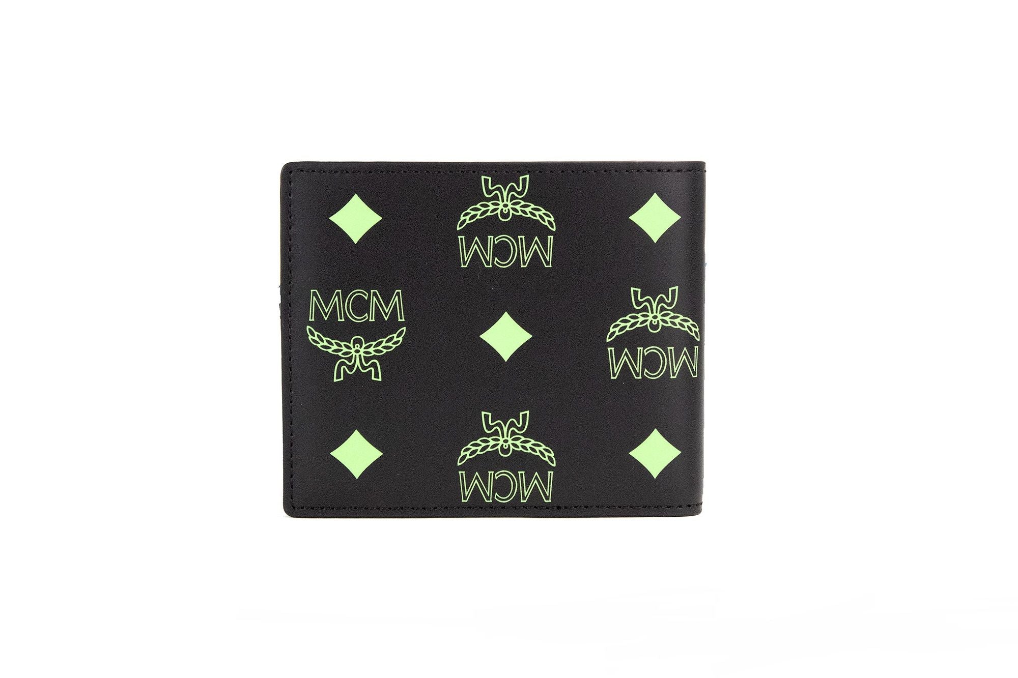 MCM Petit portefeuille à deux volets en cuir avec logo monogramme Visetos lisse vert d'été noir