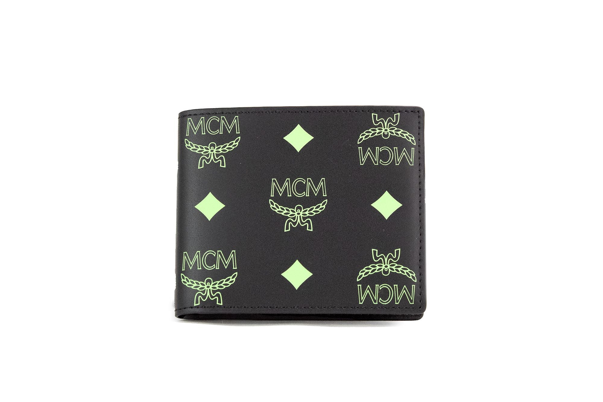 MCM Petit portefeuille à deux volets en cuir avec logo monogramme Visetos lisse vert d'été noir