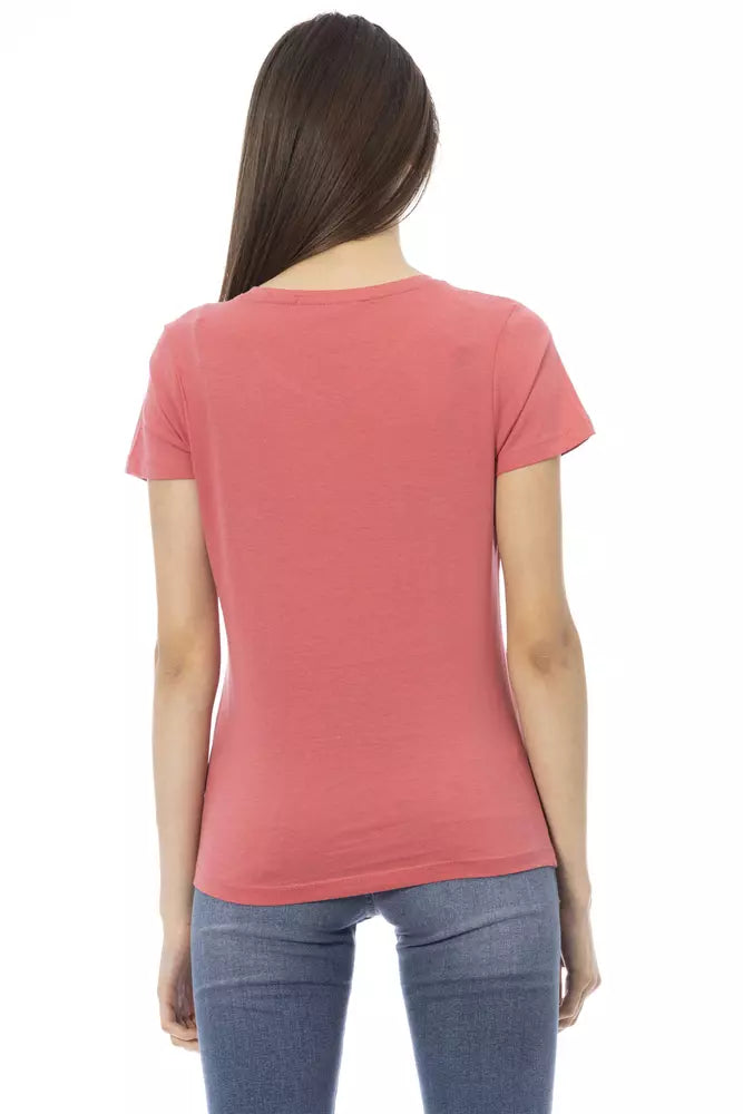 Trussardi Action T-shirt élégant rose à col en V et imprimé chic