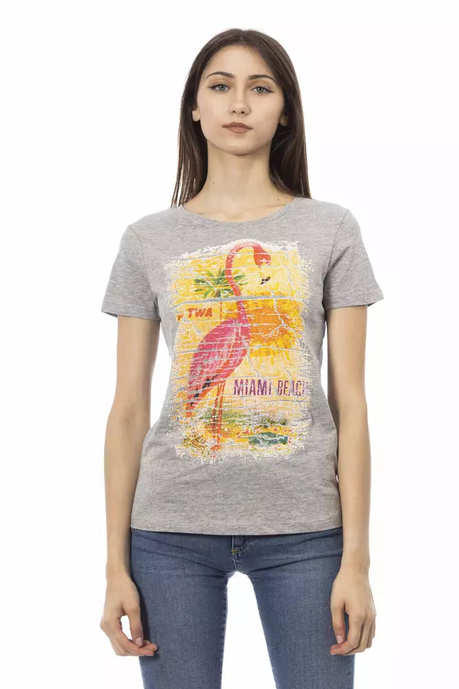 Trussardi Action Chic - T-shirt gris en coton mélangé avec imprimé artistique