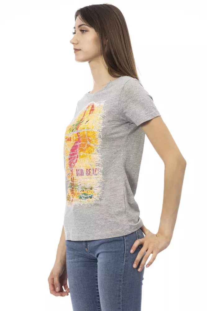 Trussardi Action Chic - T-shirt gris en coton mélangé avec imprimé artistique