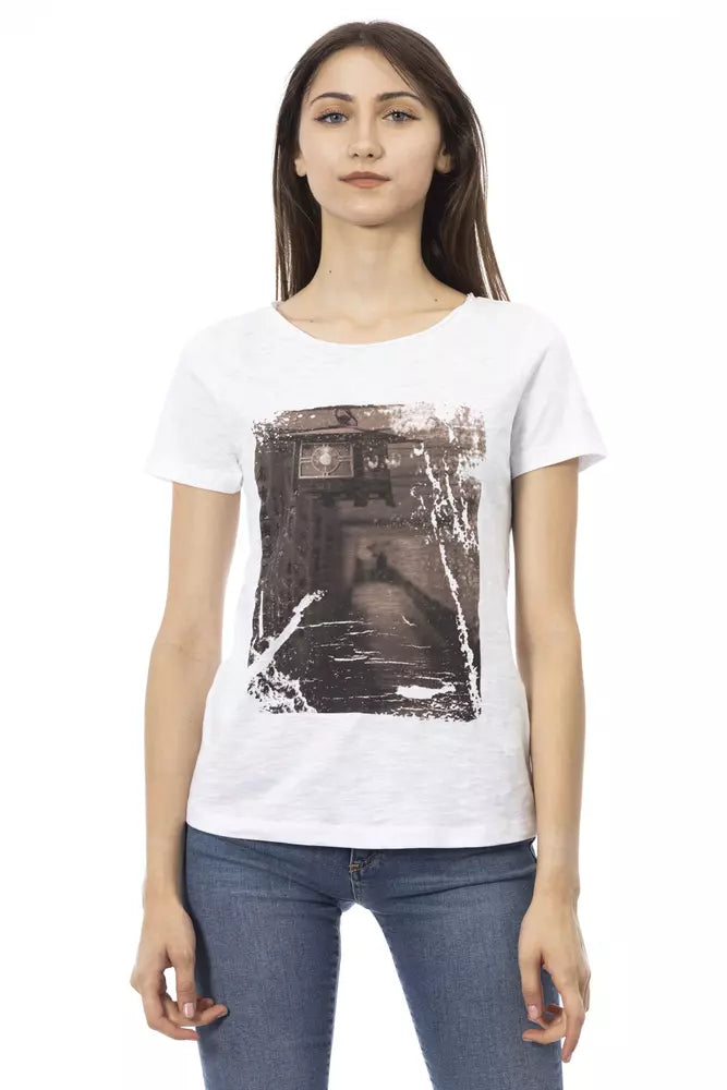 Trussardi Action Chic - T-shirt blanc en coton mélangé avec imprimé sur le devant