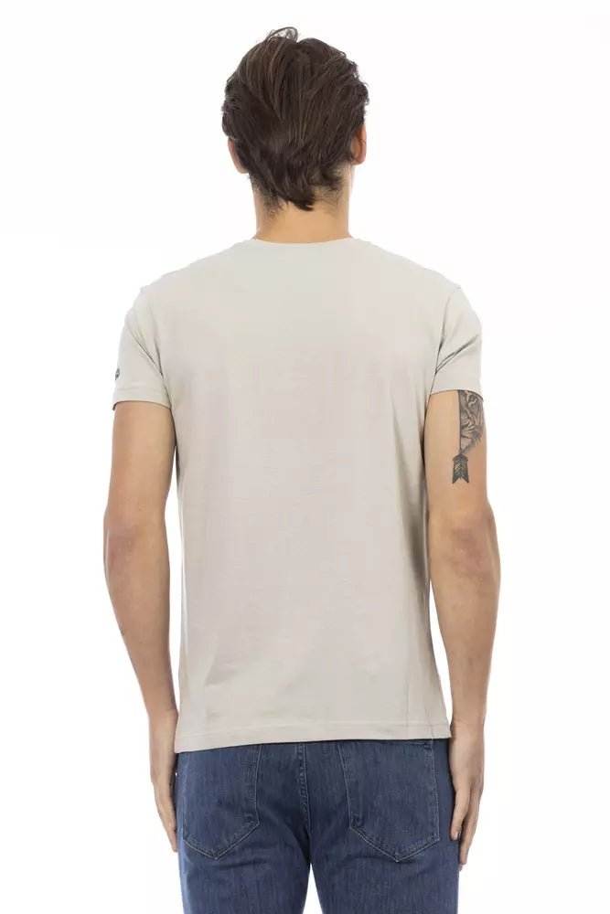 Trussardi Action - T-shirt beige à col en V et imprimé élégant sur le devant