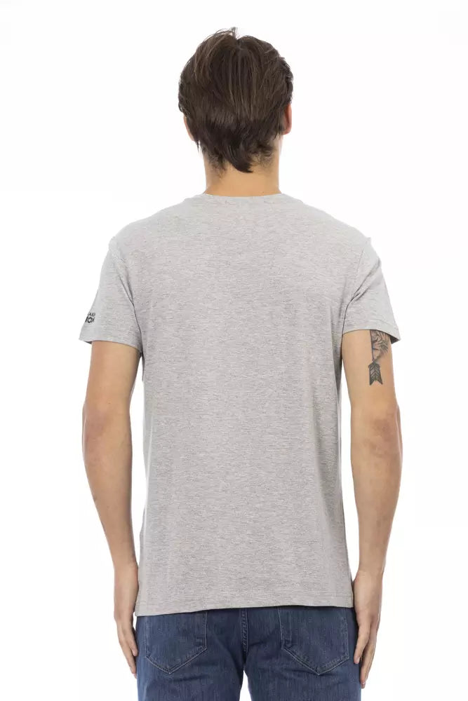 Trussardi Action T-shirt élégant à col en V gris avec imprimé sur le devant