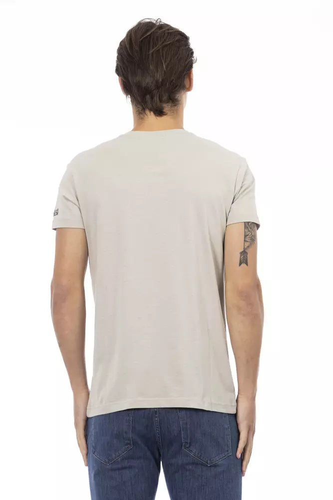 Trussardi Action Chic - T-shirt beige à col en V et imprimé sur le devant