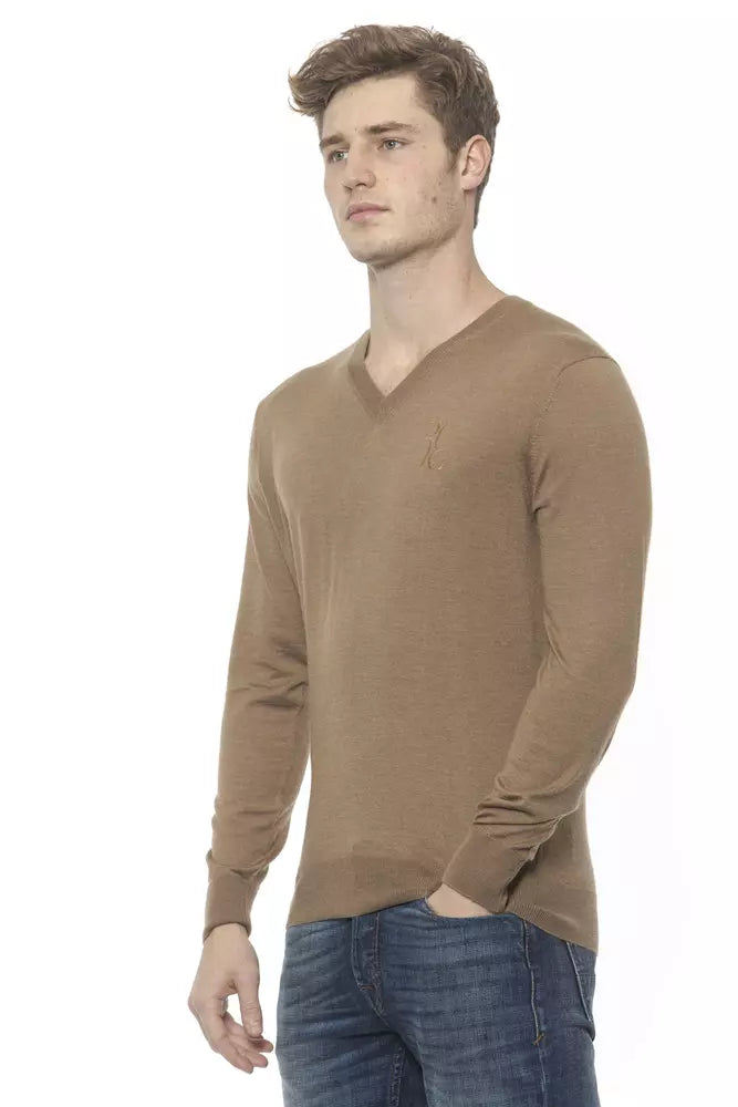 Billionaire Italian Couture Pull élégant en cachemire beige à col en V pour homme