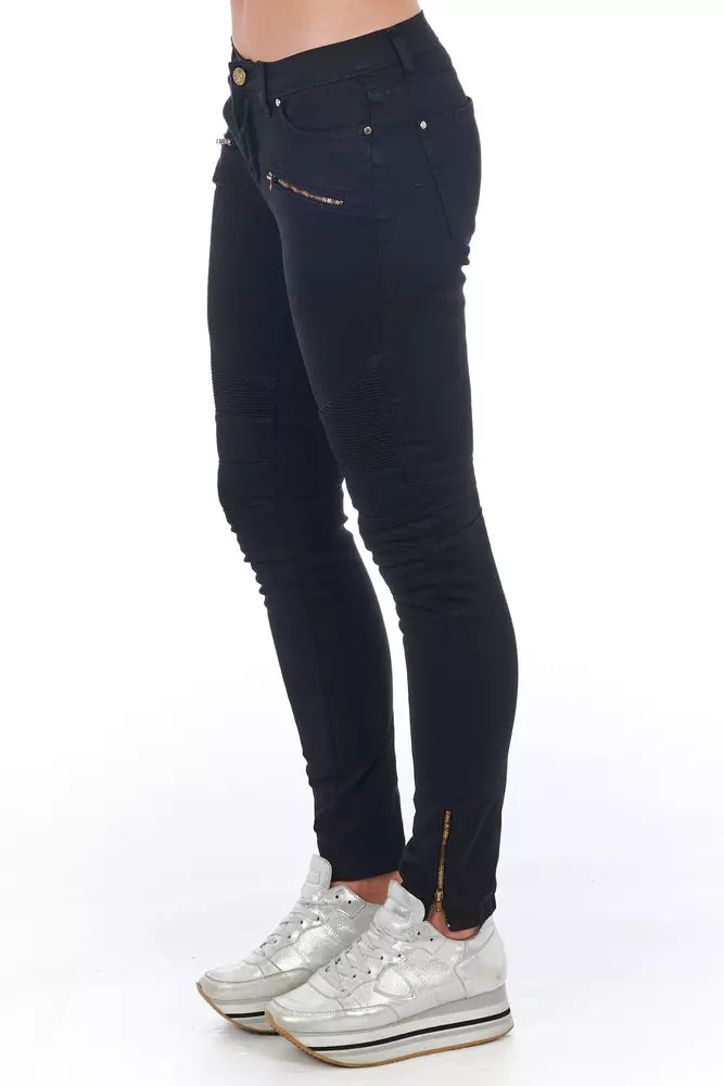 Frankie Morello Elegant Biker Stretch Denim Jeans in Black