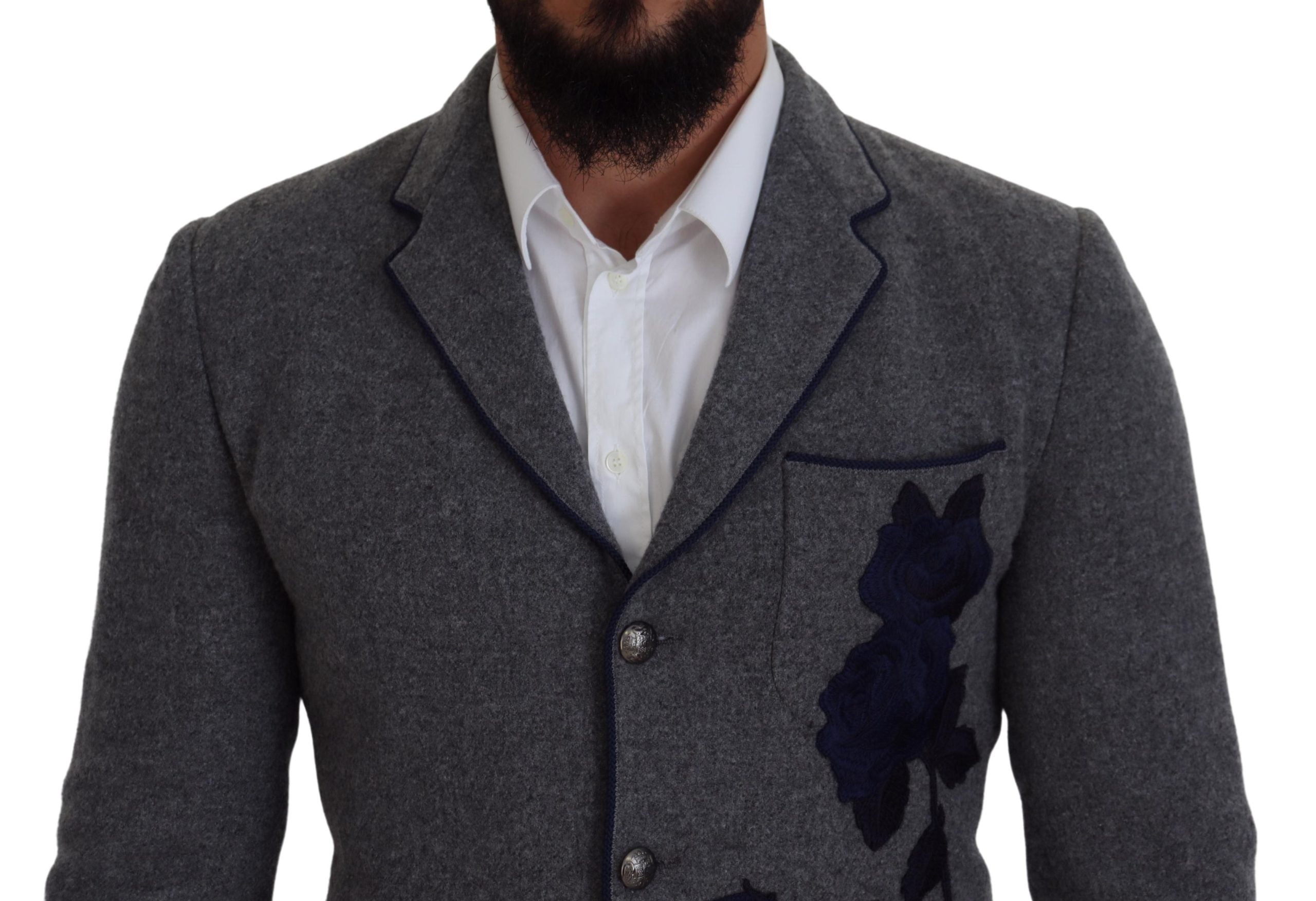 Dolce &amp; Gabbana Blazer élégant en laine grise avec broderie rose bleue