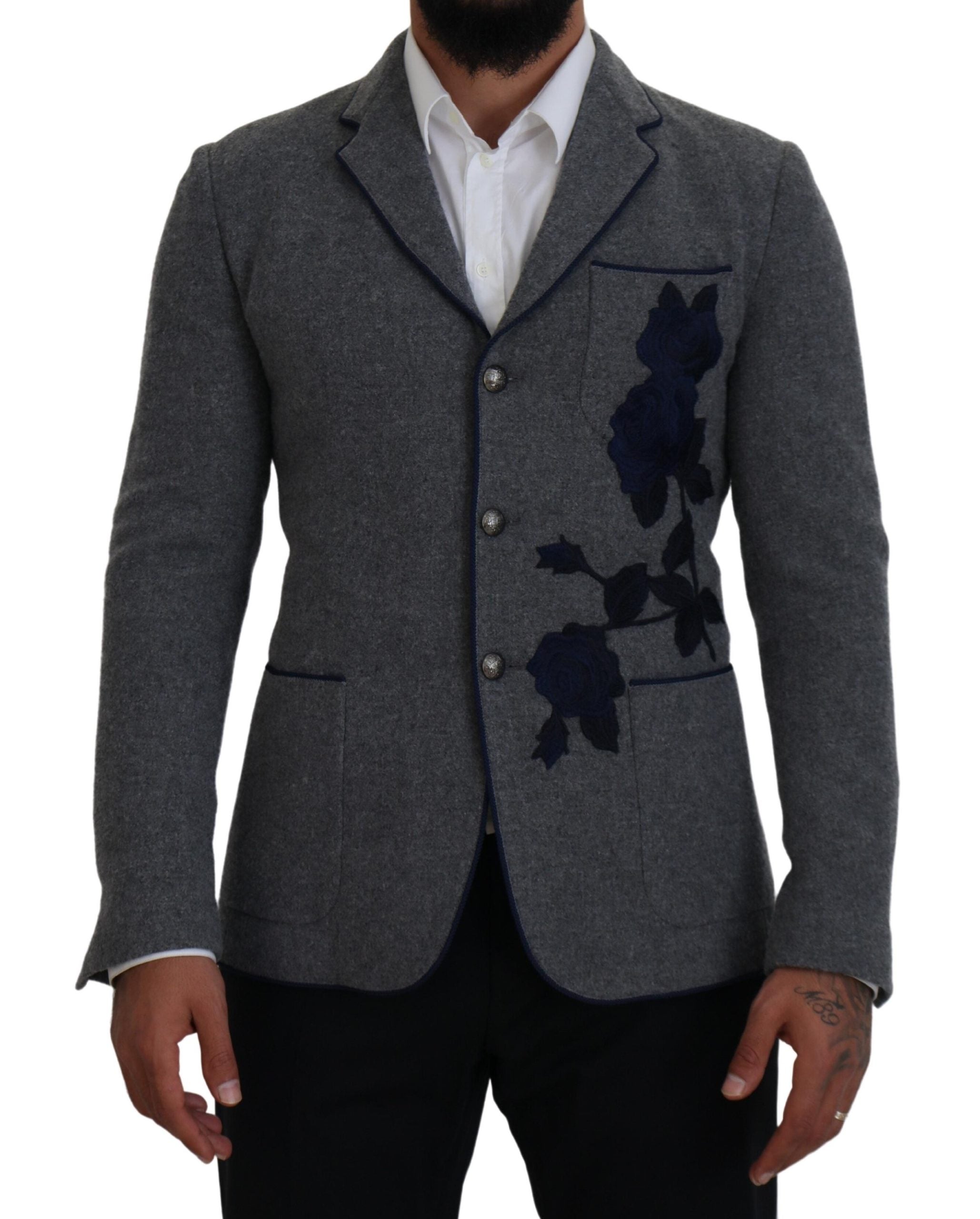 Dolce &amp; Gabbana Blazer élégant en laine grise avec broderie rose bleue