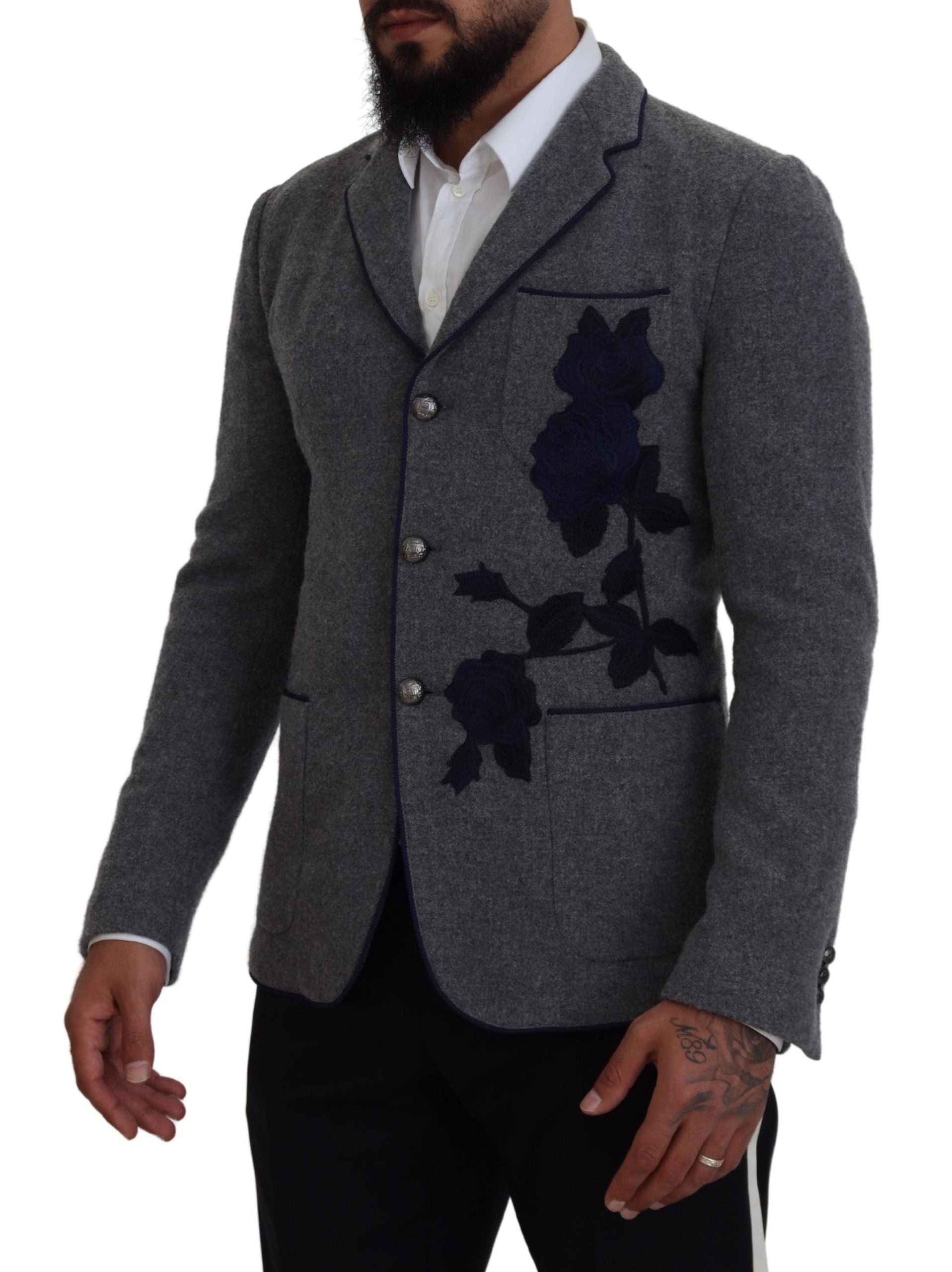 Dolce &amp; Gabbana Blazer élégant en laine grise avec broderie rose bleue