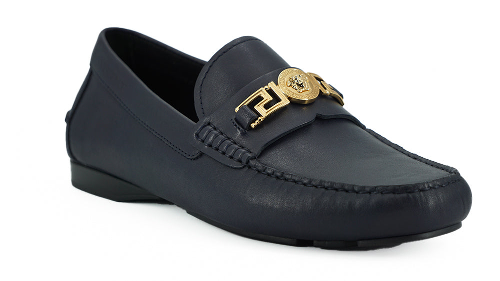 Versace Mocassins élégants en cuir de veau bleu marine