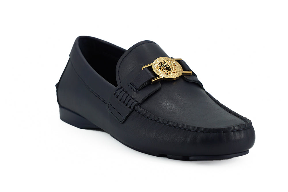 Versace Mocassins élégants en cuir de veau bleu marine