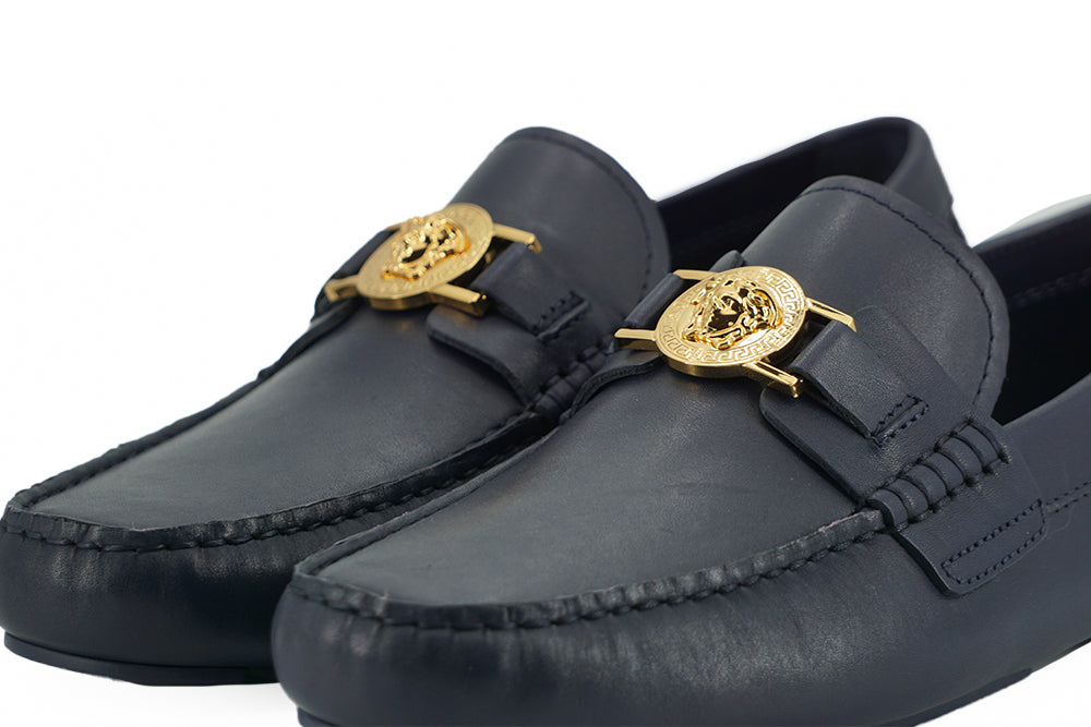 Versace Mocassins élégants en cuir de veau bleu marine