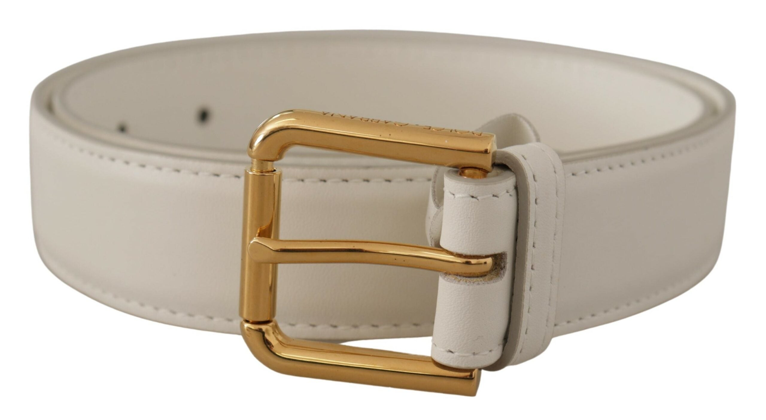 Dolce &amp; Gabbana Chic Ceinture en cuir blanc avec boucle gravée dorée