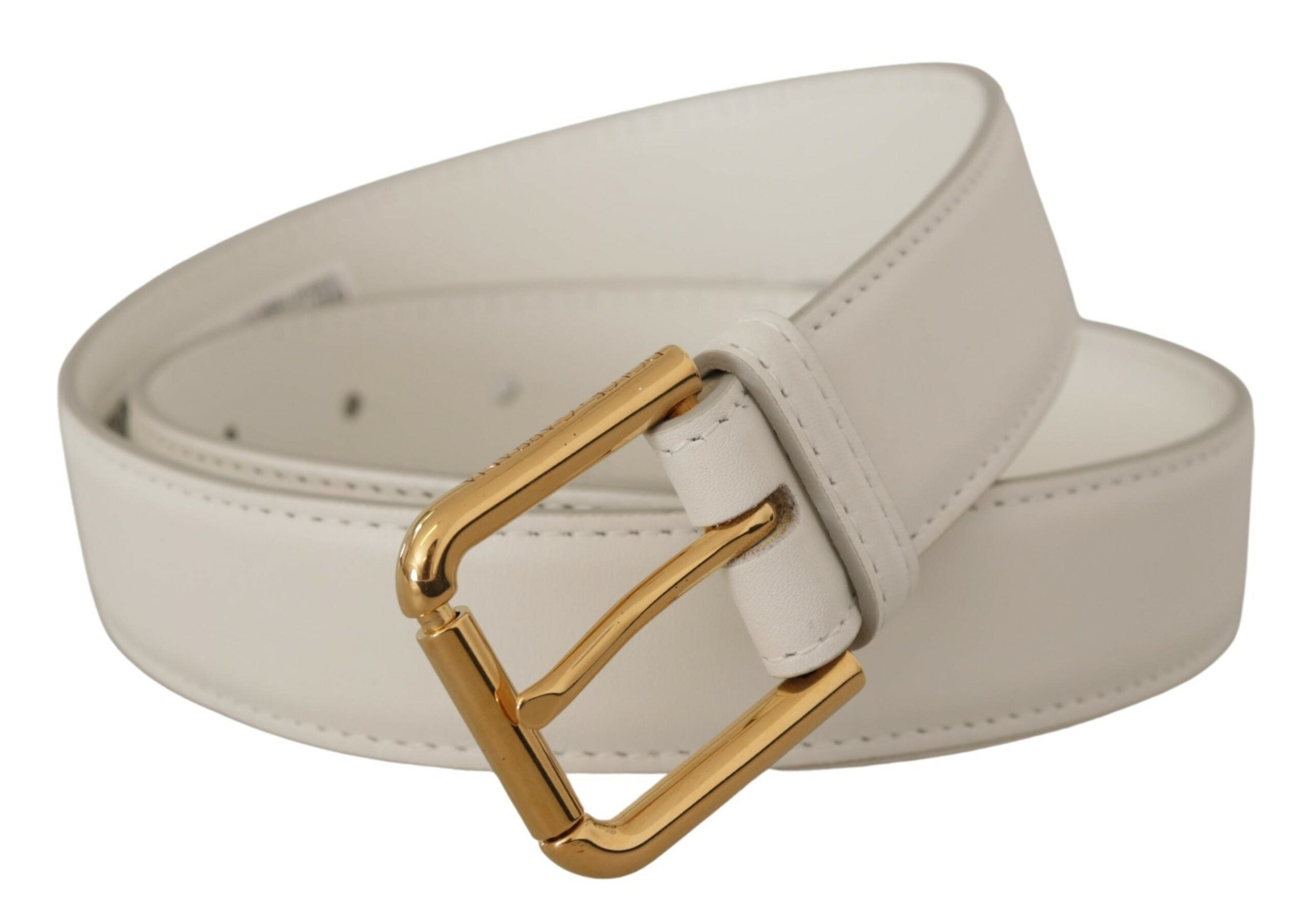 Dolce &amp; Gabbana Chic Ceinture en cuir blanc avec boucle gravée dorée