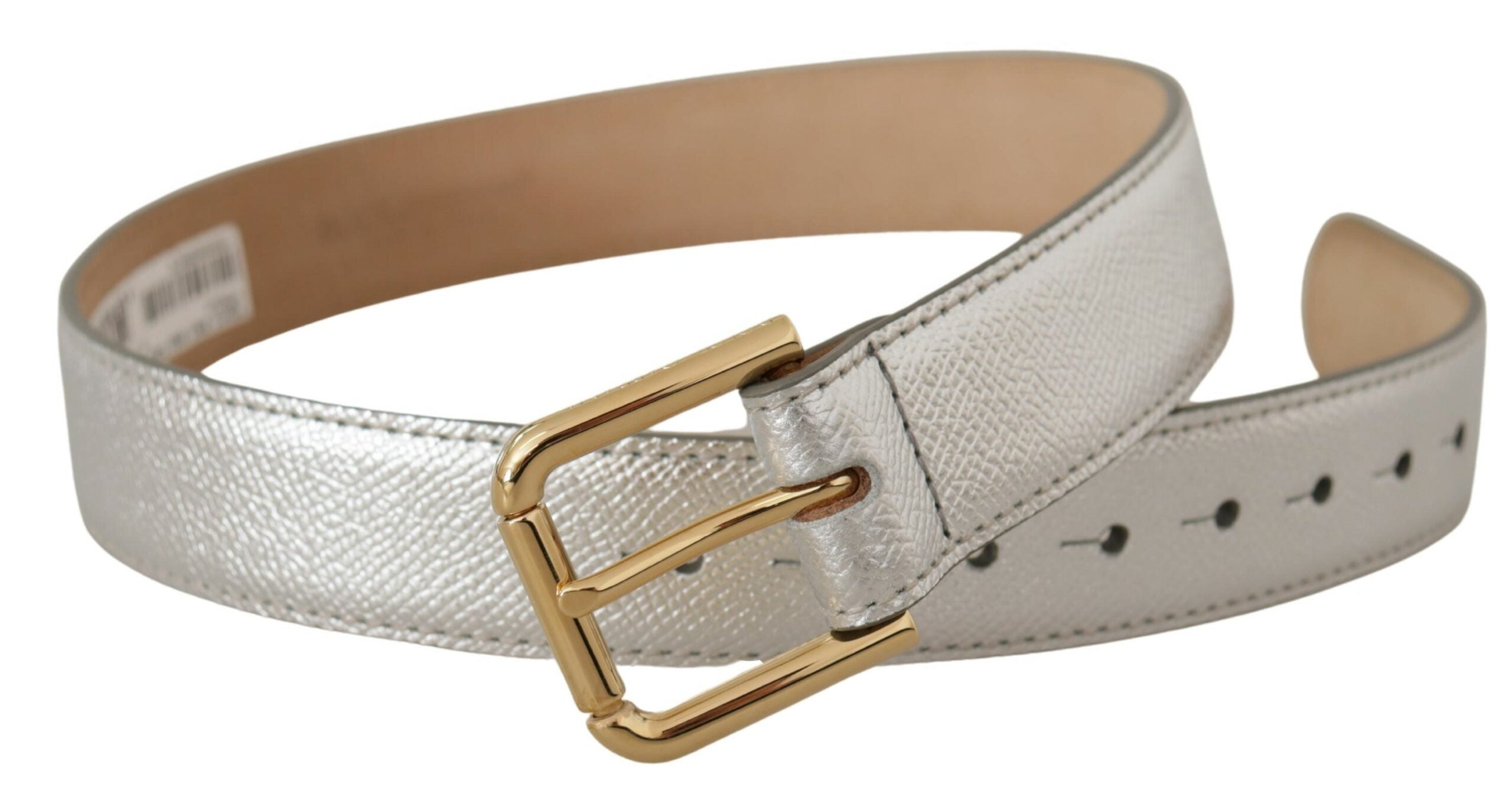 Dolce &amp; Gabbana Ceinture élégante en cuir argenté avec boucle gravée