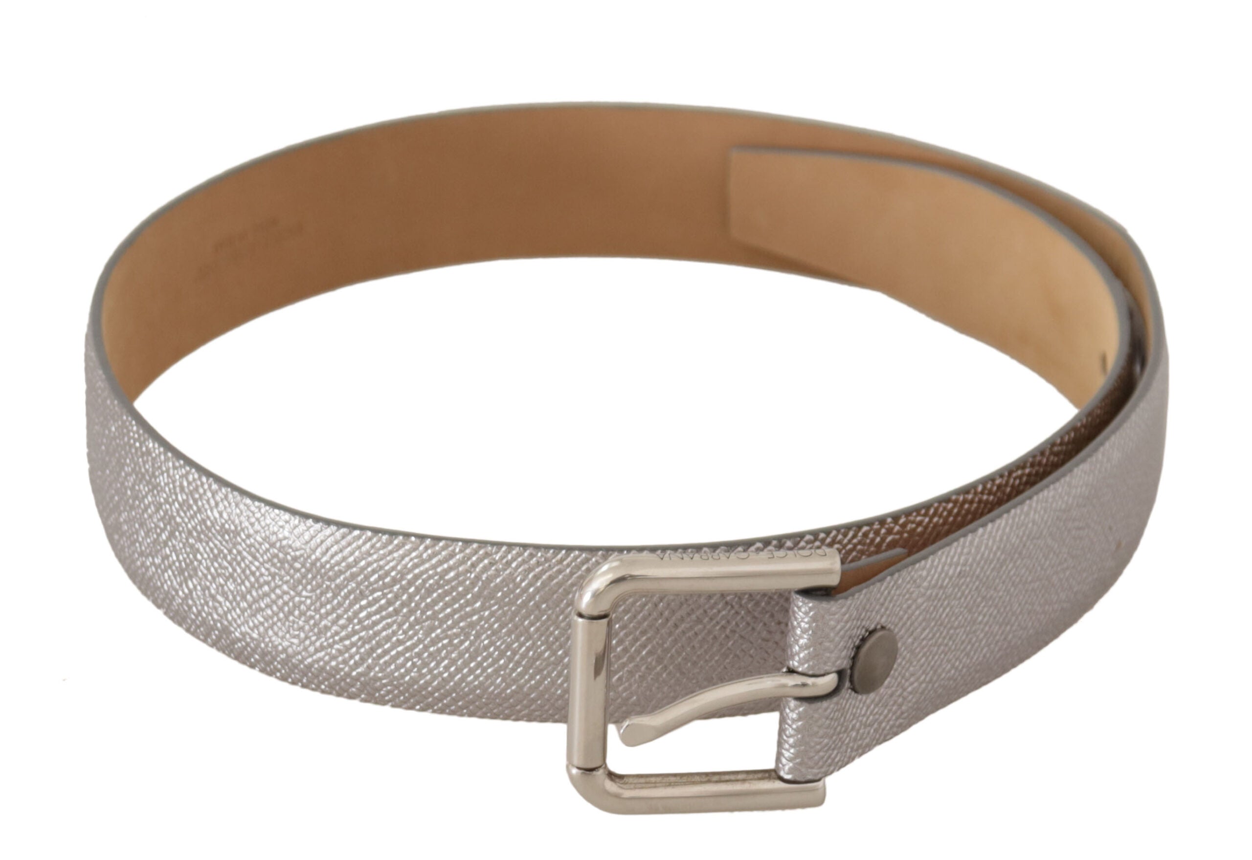 Dolce & Gabbana Elegant Silver Leather Belt with Engraved Buckle