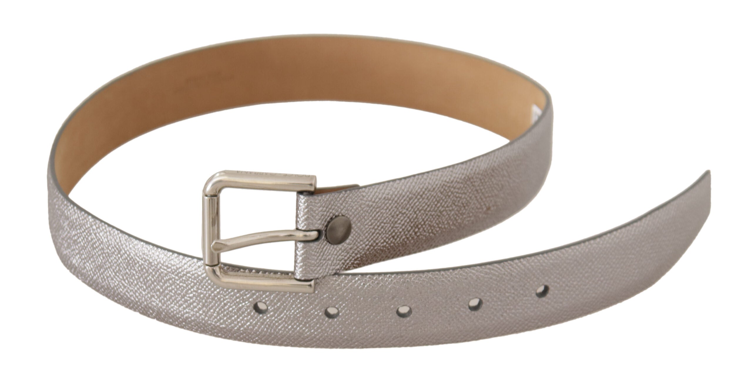 Dolce &amp; Gabbana Ceinture élégante en cuir argenté avec boucle gravée