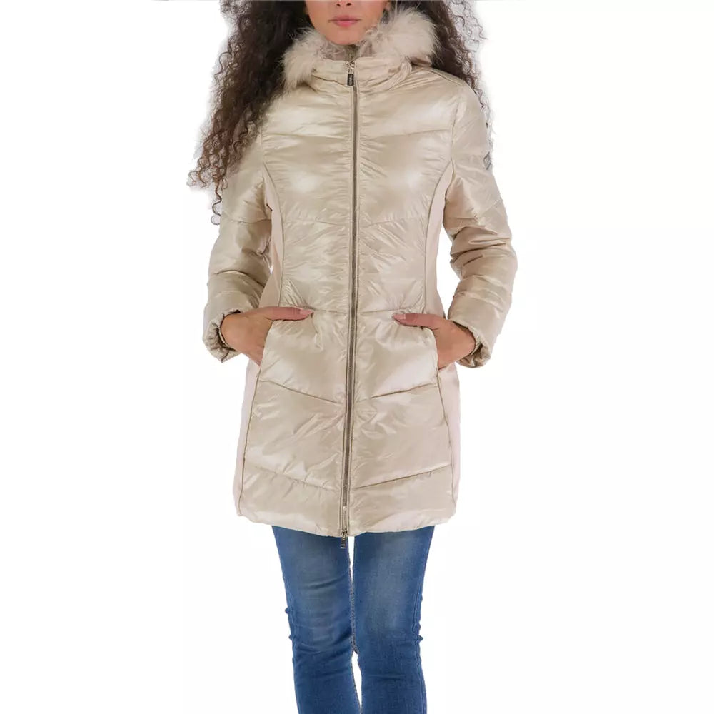 Yes Zee Veste matelassée beige élégante avec capuche en fourrure