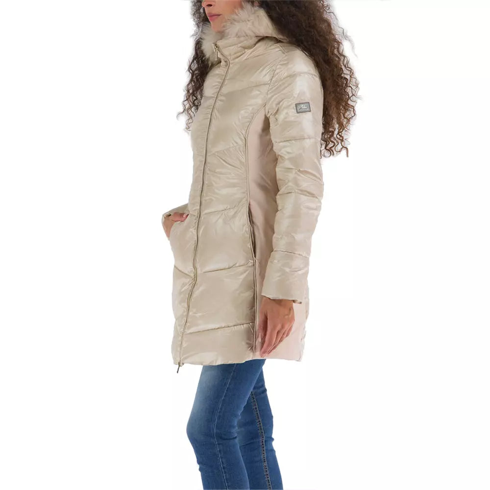 Yes Zee Veste matelassée beige élégante avec capuche en fourrure