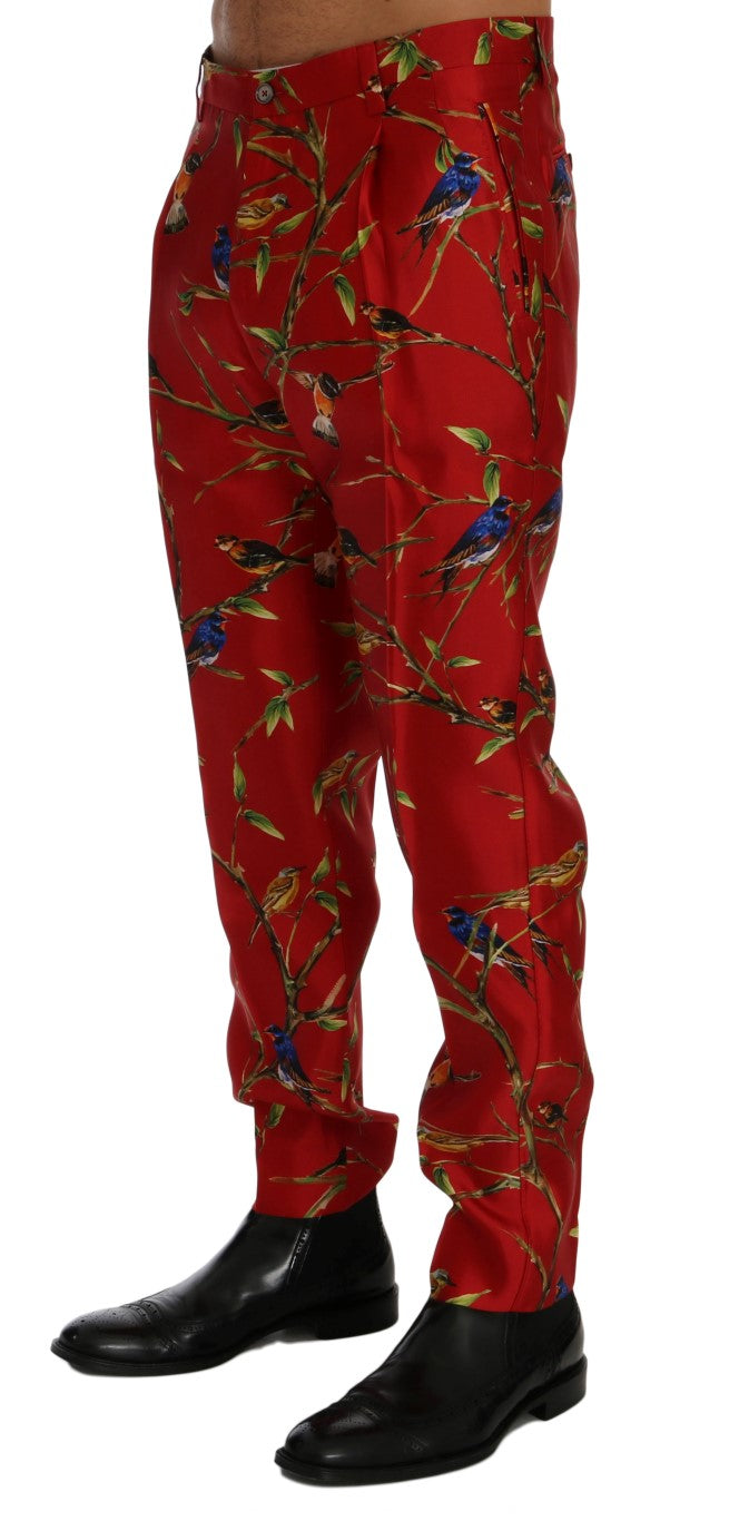 Dolce &amp; Gabbana Pantalon habillé élégant en soie à imprimé oiseau rouge