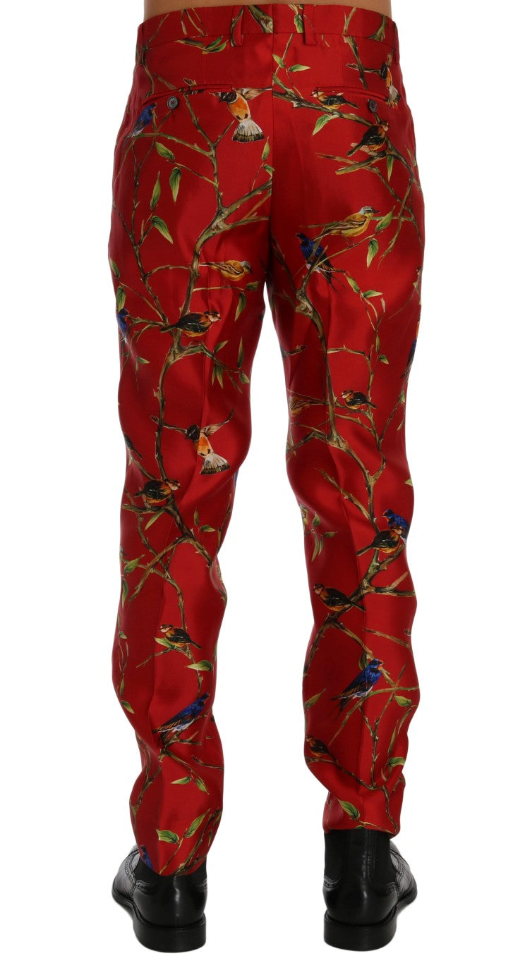 Dolce &amp; Gabbana Pantalon habillé élégant en soie à imprimé oiseau rouge