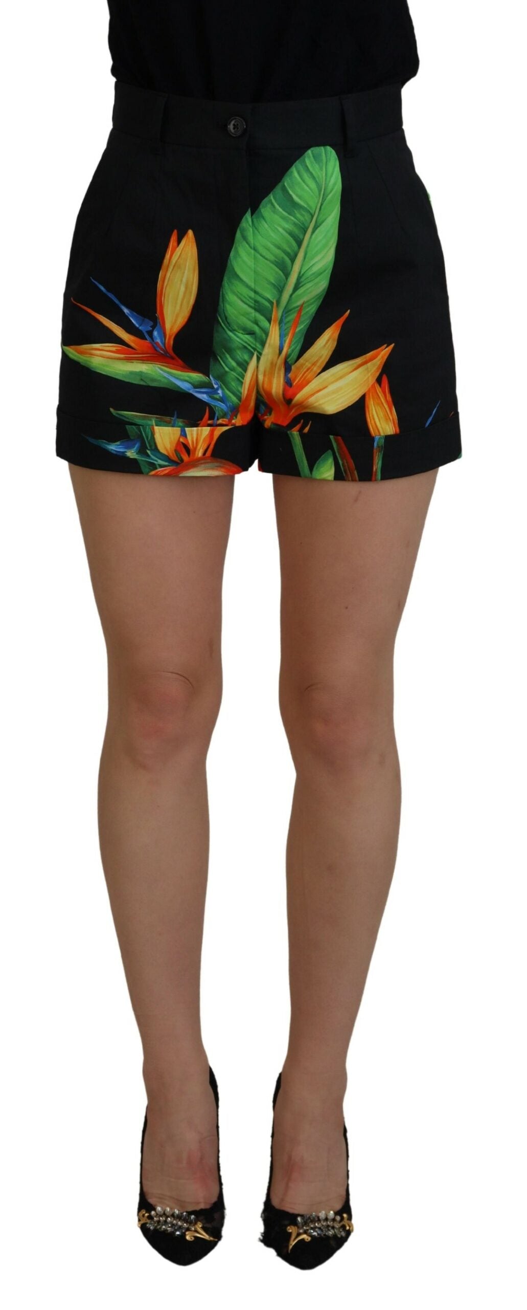 Dolce &amp; Gabbana Short Hot Pants taille haute à imprimé feuilles noires