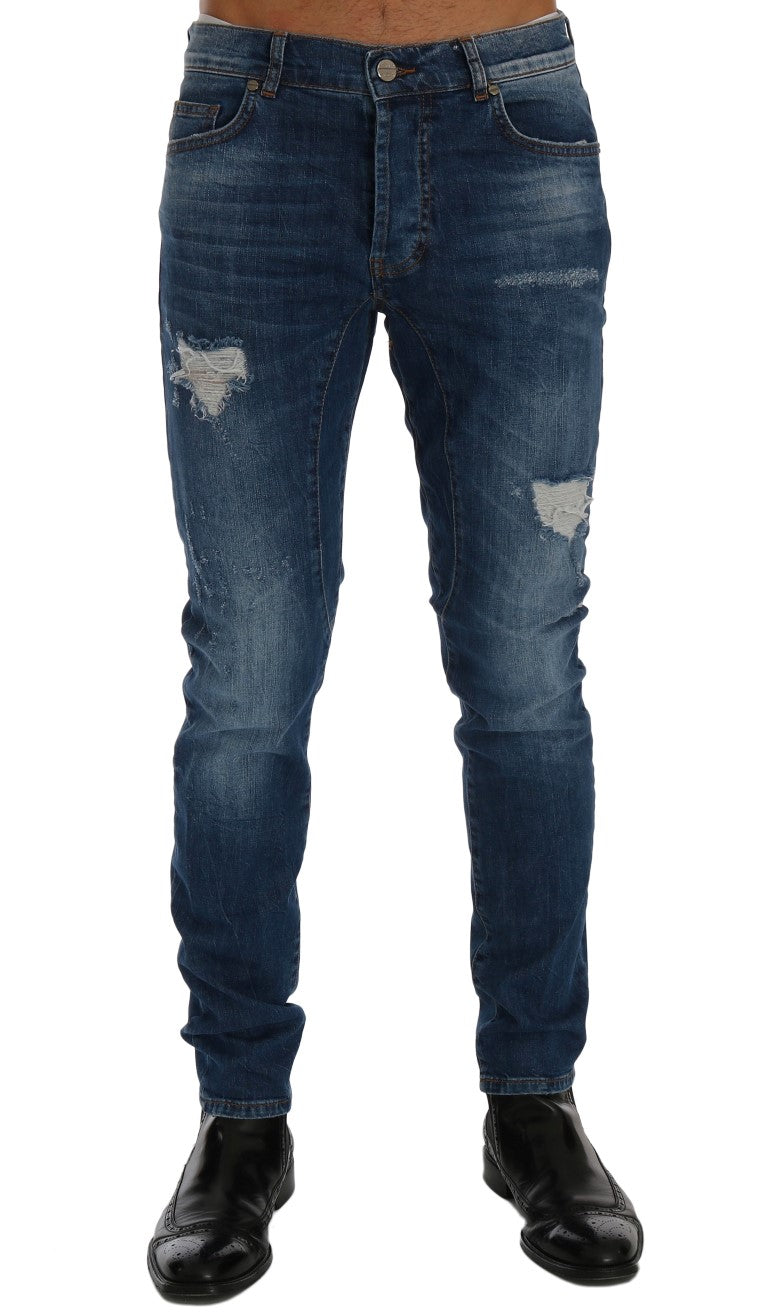 Frankie Morello - Jean slim chic bleu effet vieilli