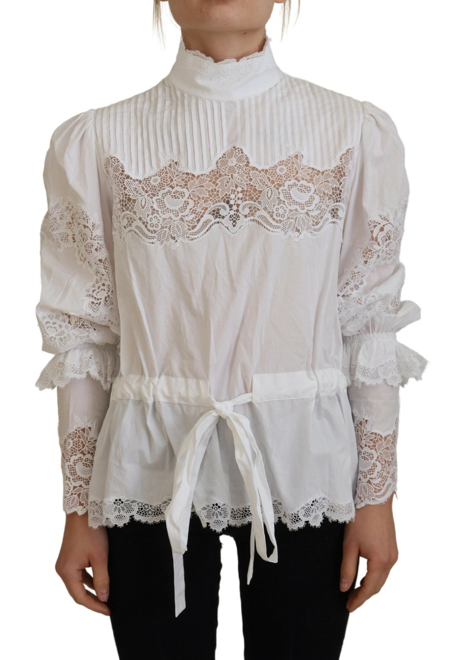 Dolce &amp; Gabbana Blouse élégante en coton avec bordure en dentelle blanche