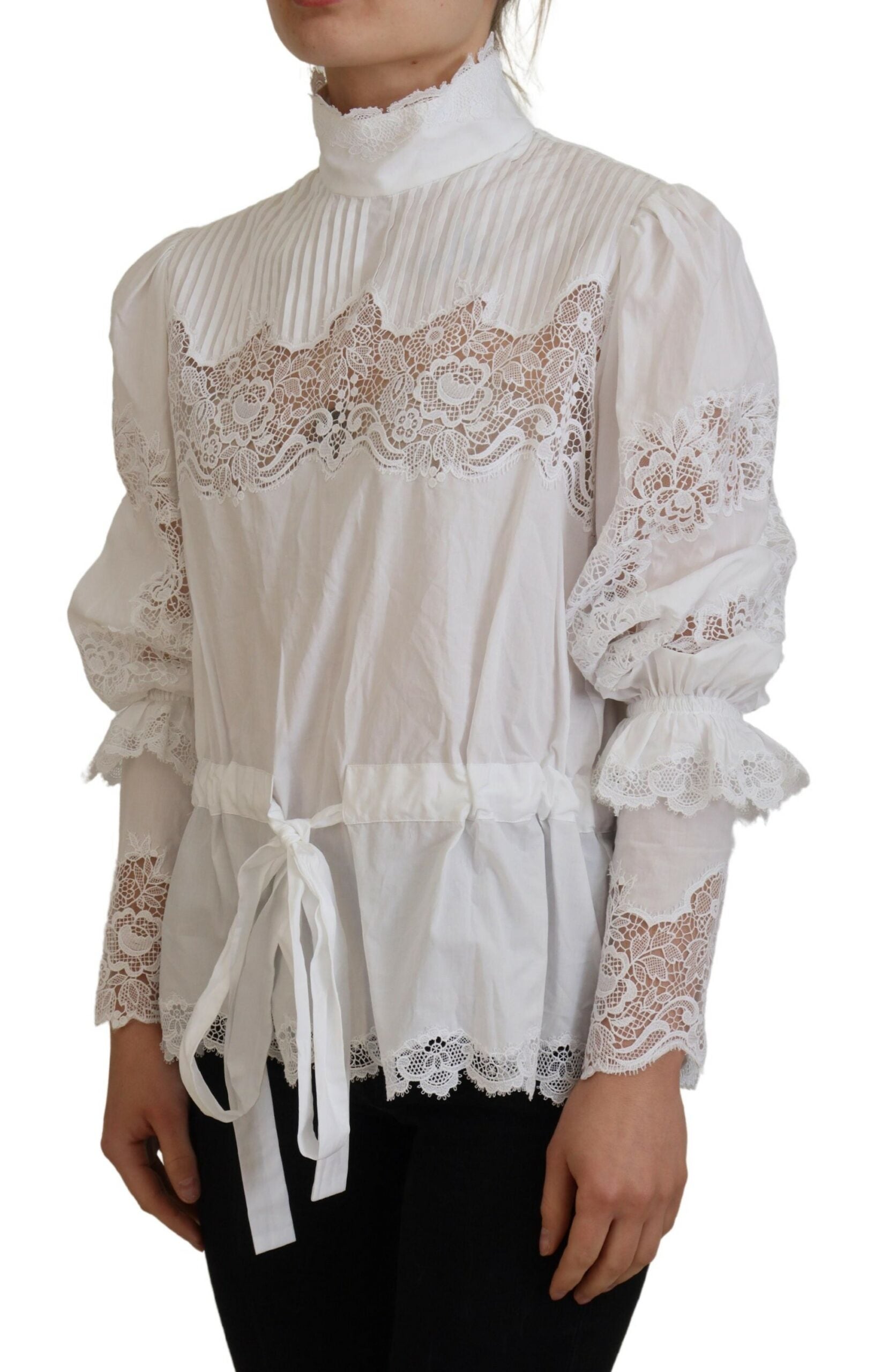 Dolce &amp; Gabbana Blouse élégante en coton avec bordure en dentelle blanche