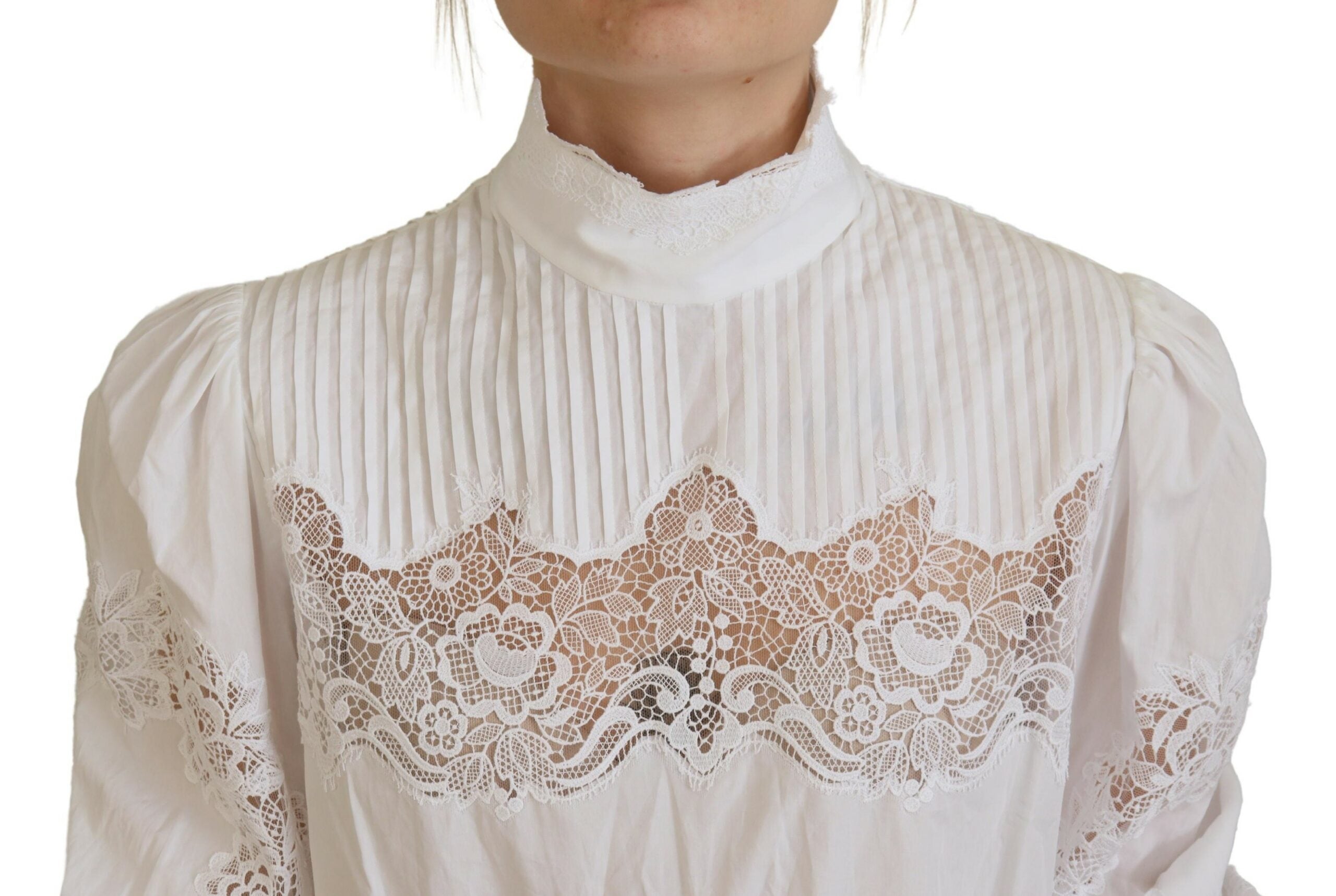 Dolce &amp; Gabbana Blouse élégante en coton avec bordure en dentelle blanche