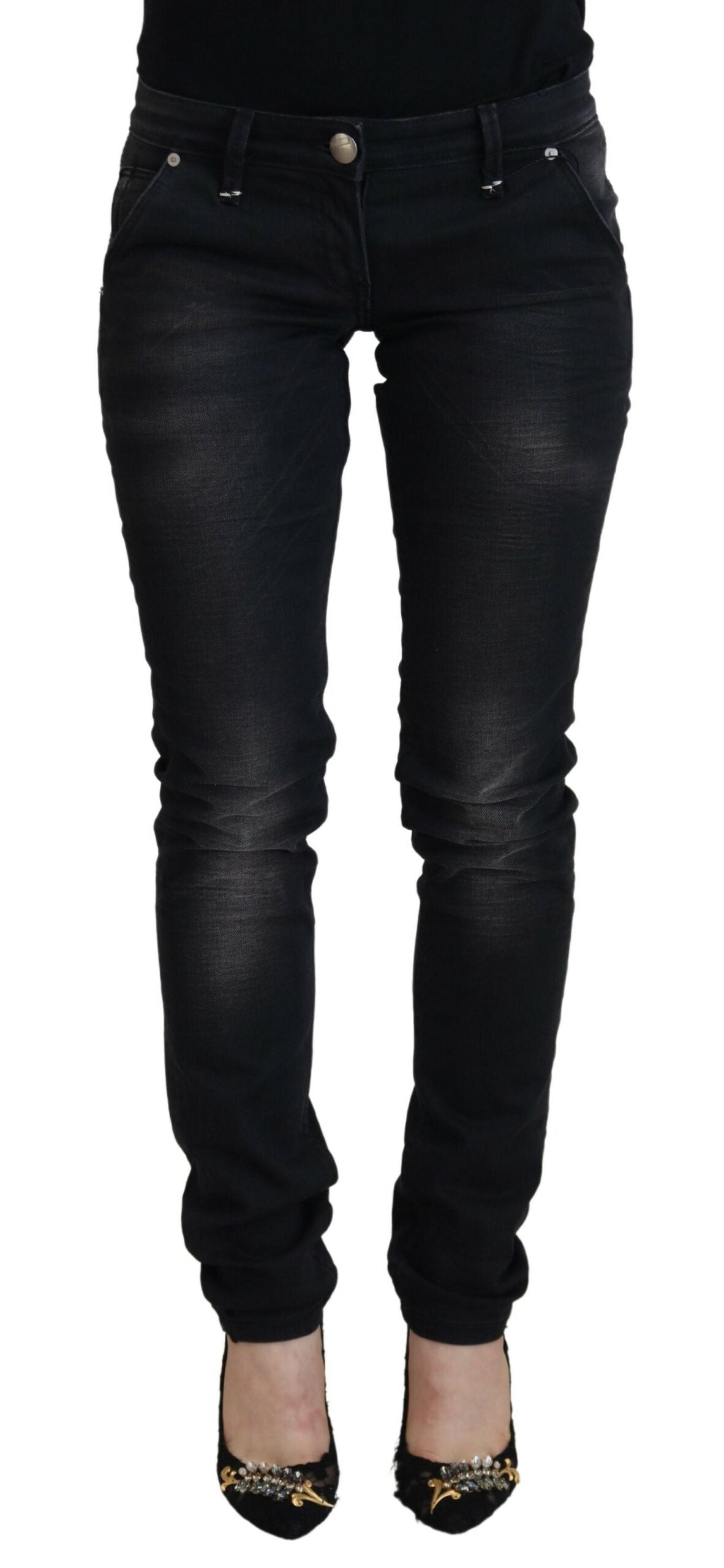 Jean skinny taille basse délavé noir élégant Acht