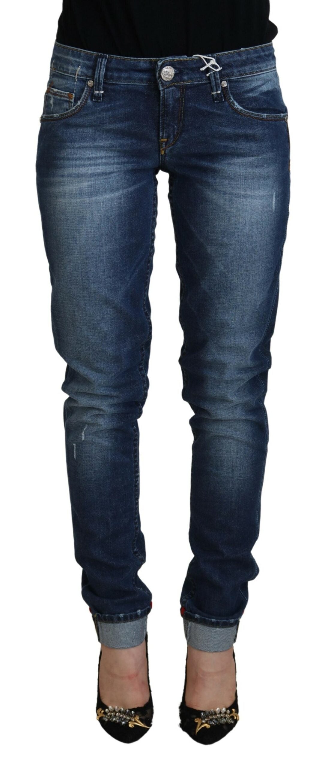 Acht élégant jean skinny taille basse bleu délavé