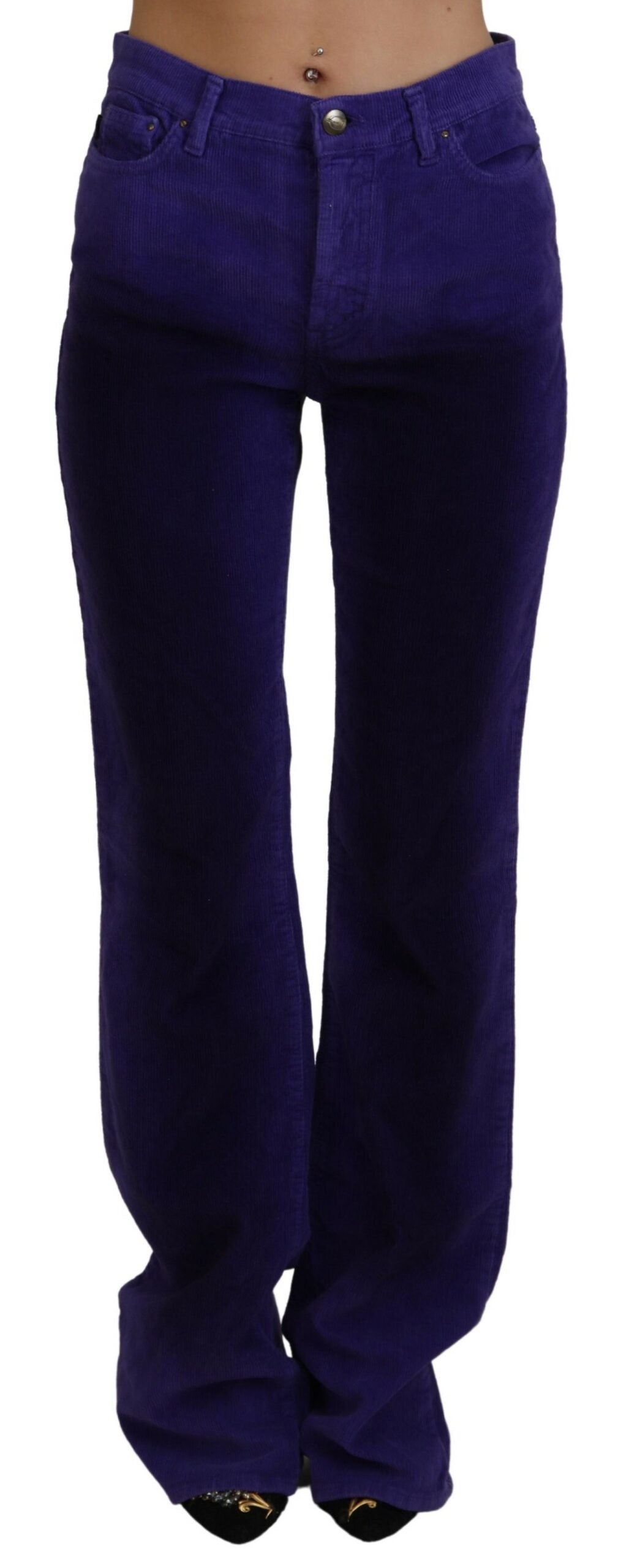 Just Cavalli Pantalon élégant en velours côtelé violet coupe droite