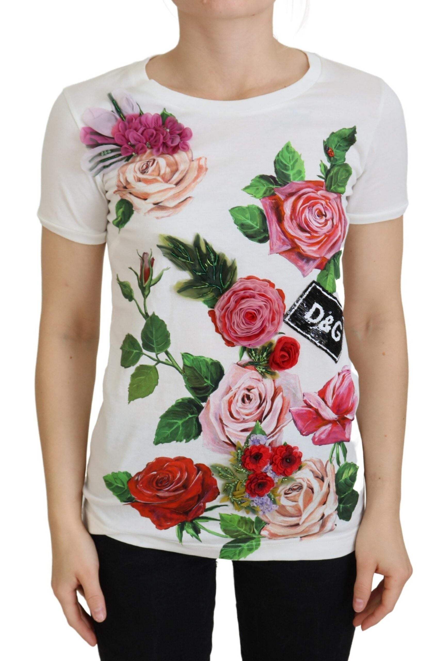 Dolce &amp; Gabbana T-shirt élégant en coton à imprimé roses multicolores