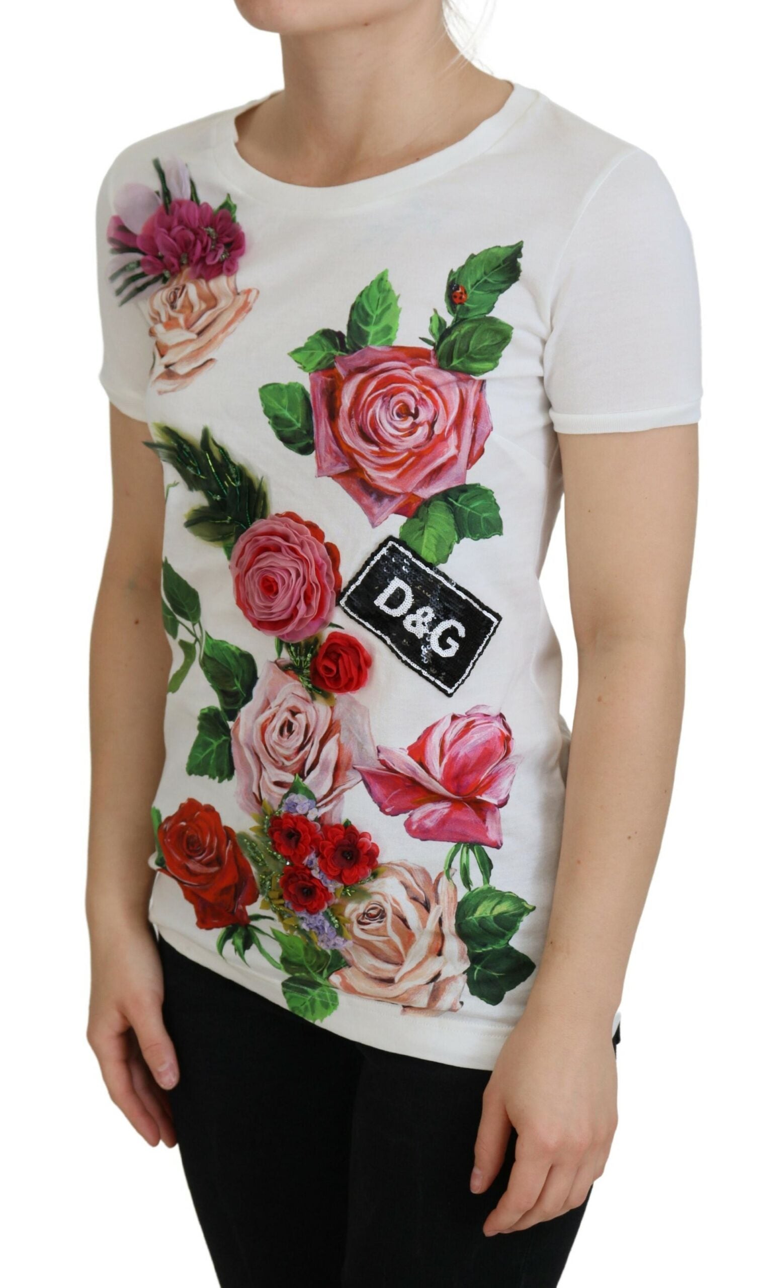 Dolce &amp; Gabbana T-shirt élégant en coton à imprimé roses multicolores