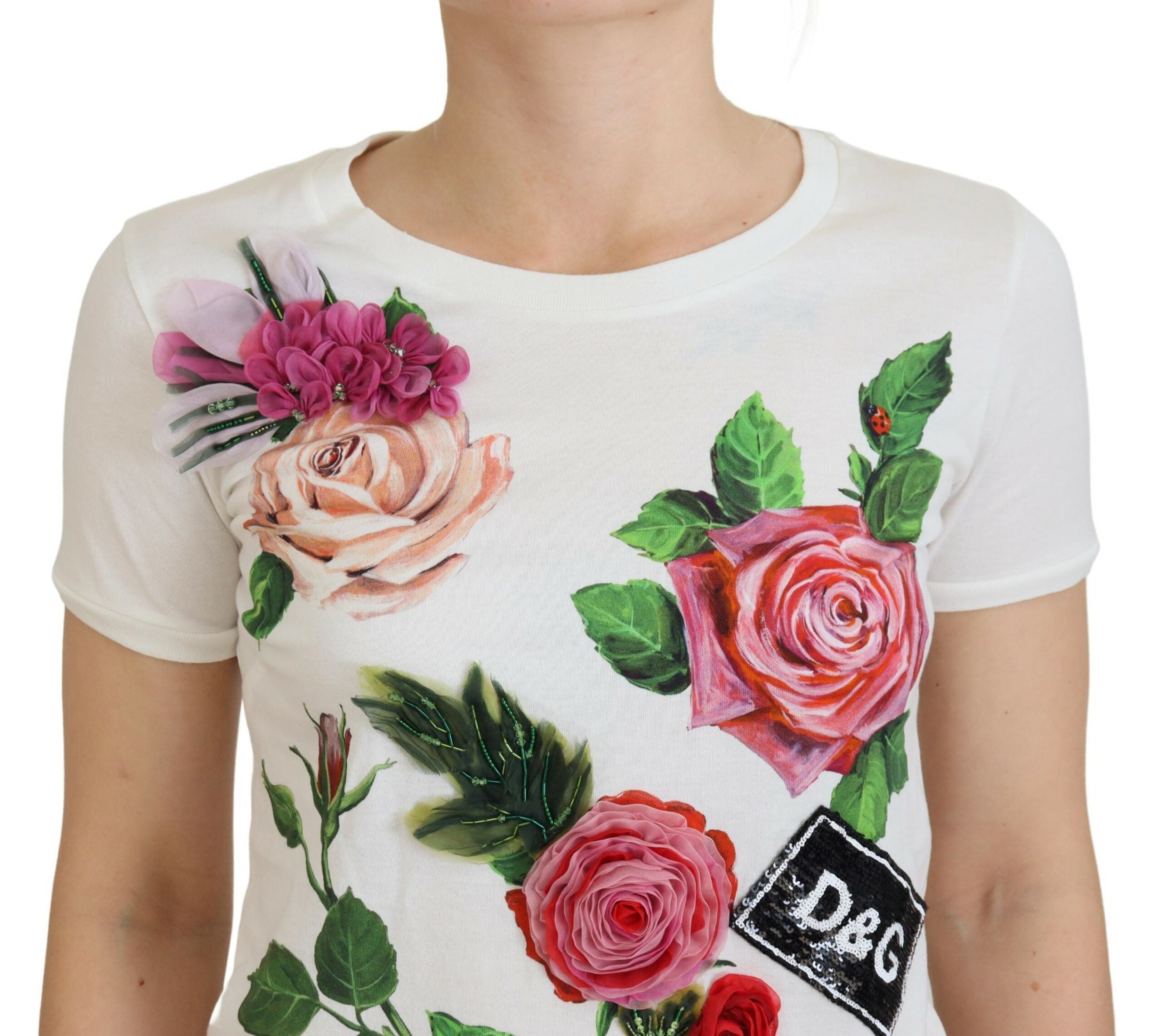 Dolce &amp; Gabbana T-shirt élégant en coton à imprimé roses multicolores