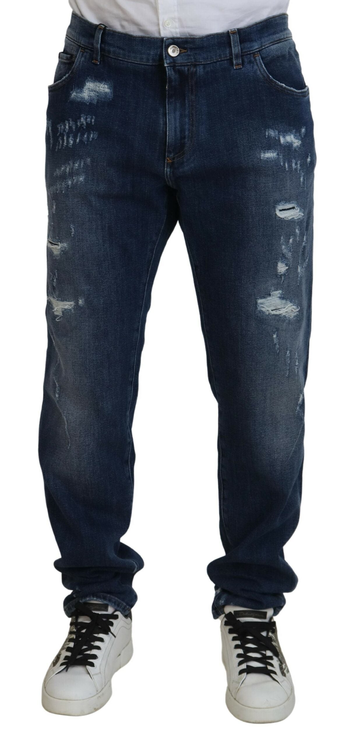 Dolce & Gabbana Jean slim en denim stretch en coton bleu en lambeaux