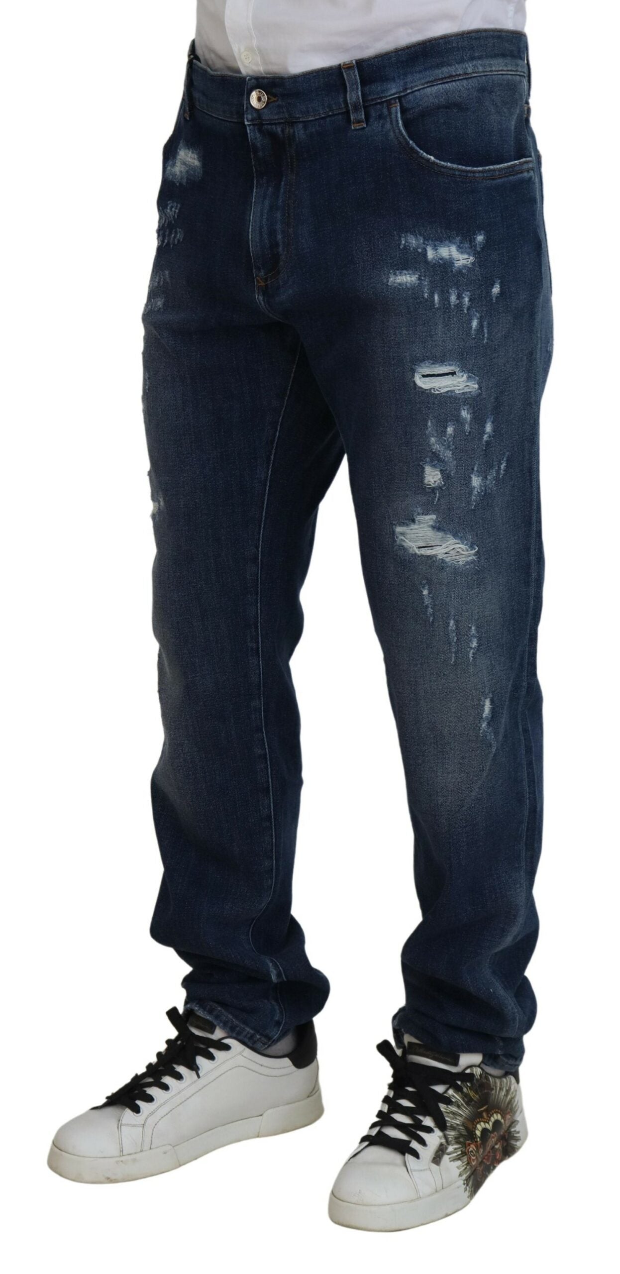 Dolce & Gabbana Jean slim en denim stretch en coton bleu en lambeaux