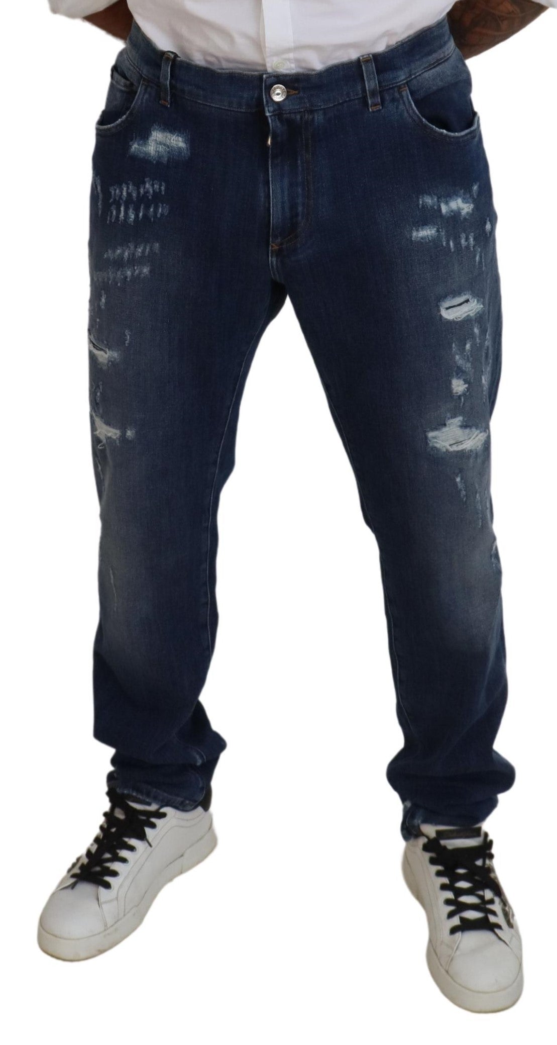 Dolce & Gabbana Jean slim en denim stretch en coton bleu en lambeaux