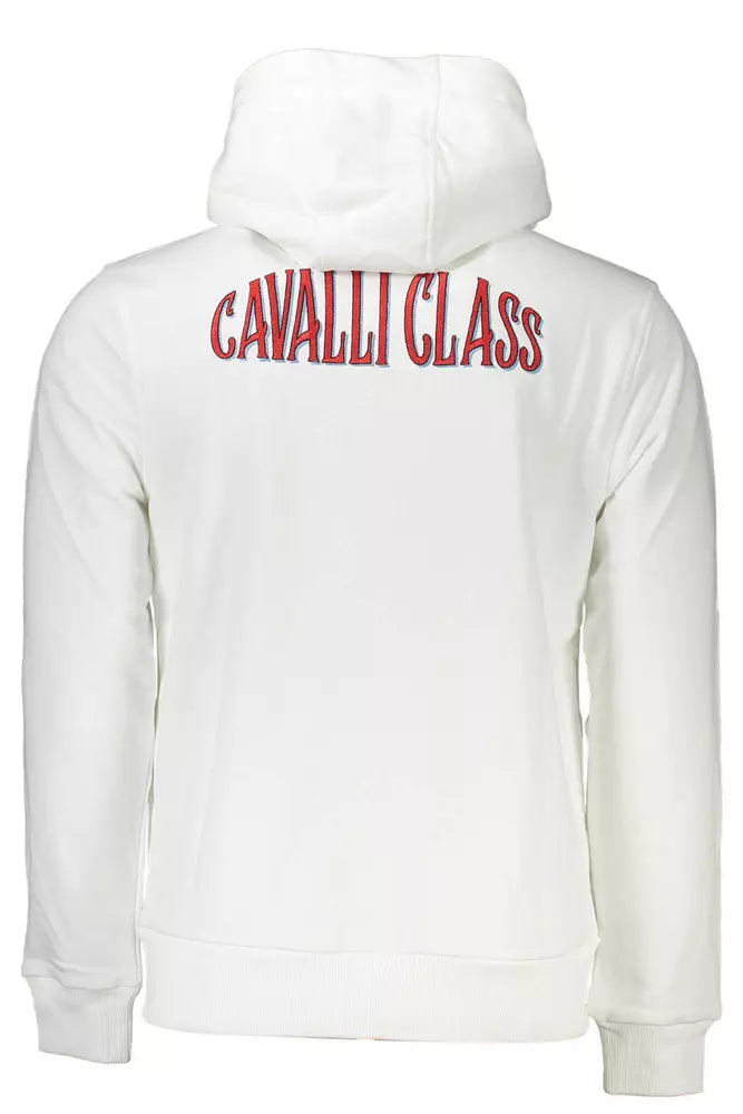 Cavalli Class Elegant White Hooded Sweatshirt with Embroidery Detail